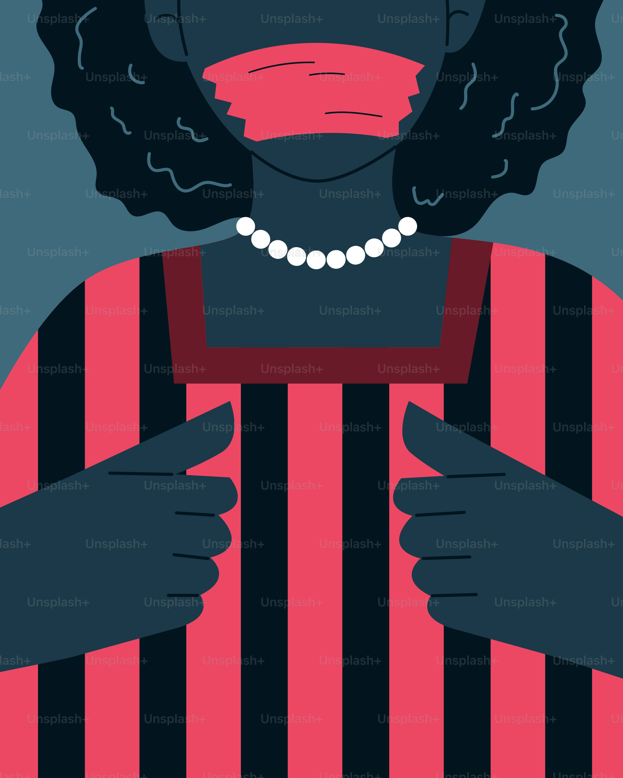 A woman in a striped dress with a pearl necklace
