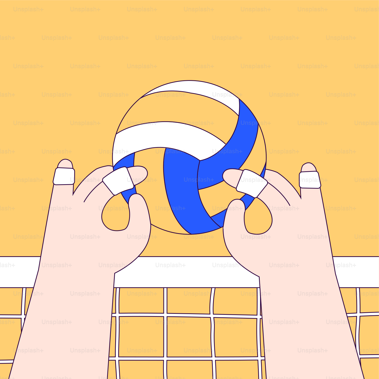 Due mani che tengono un pallone da pallavolo sopra una rete