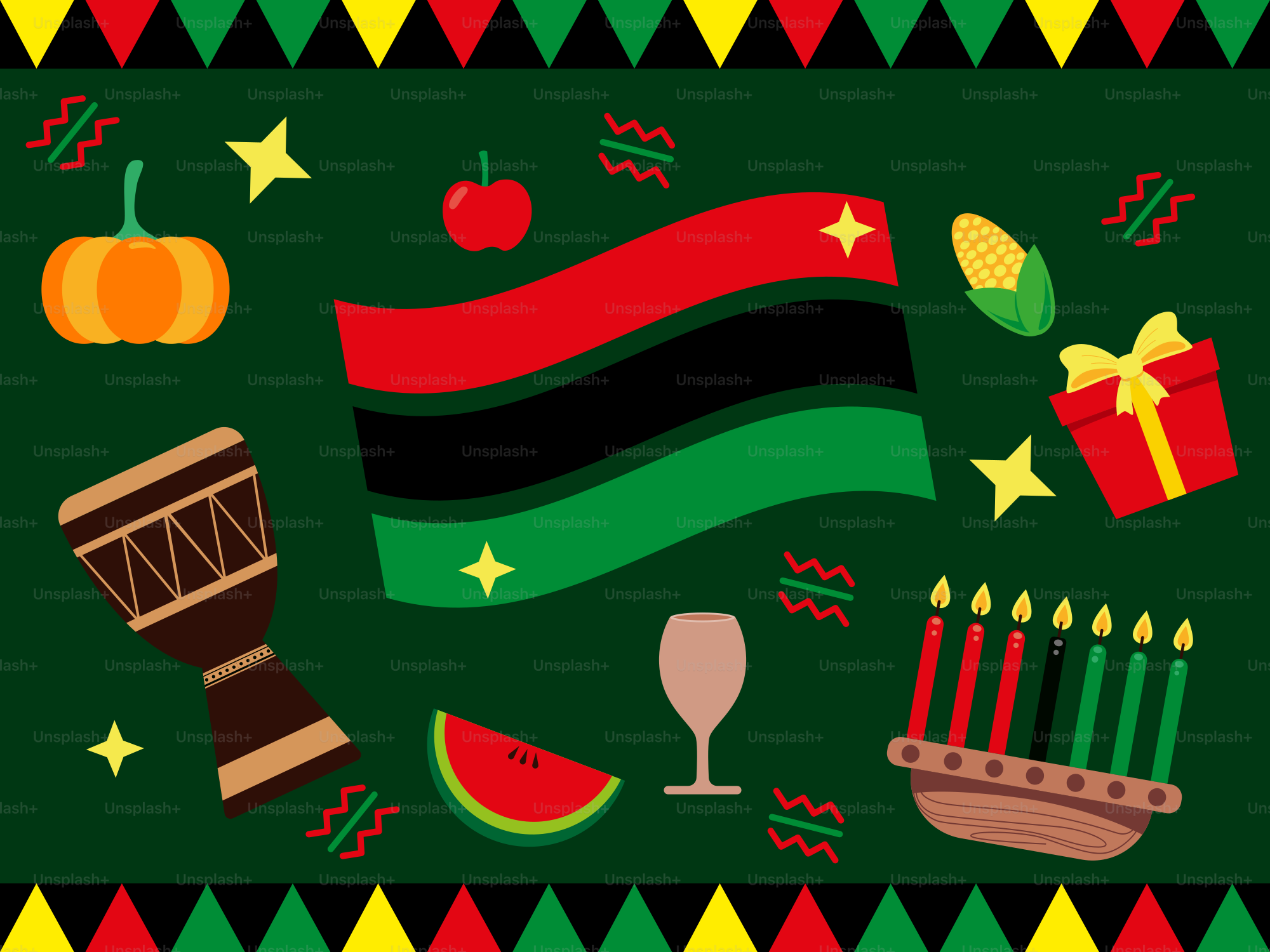 A picture of a flag and other items on a green background