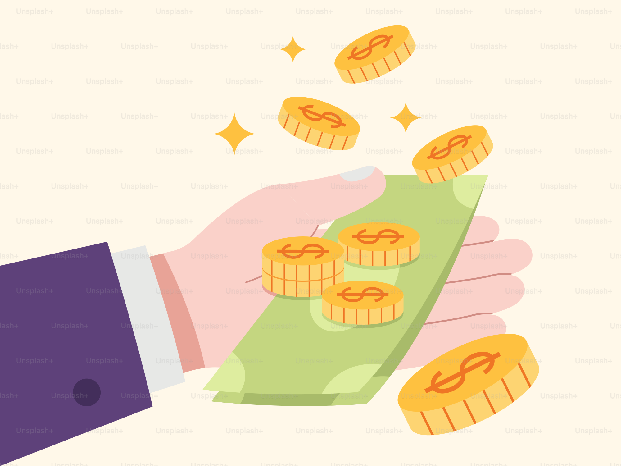 A hand holding money with gold coins coming out of it