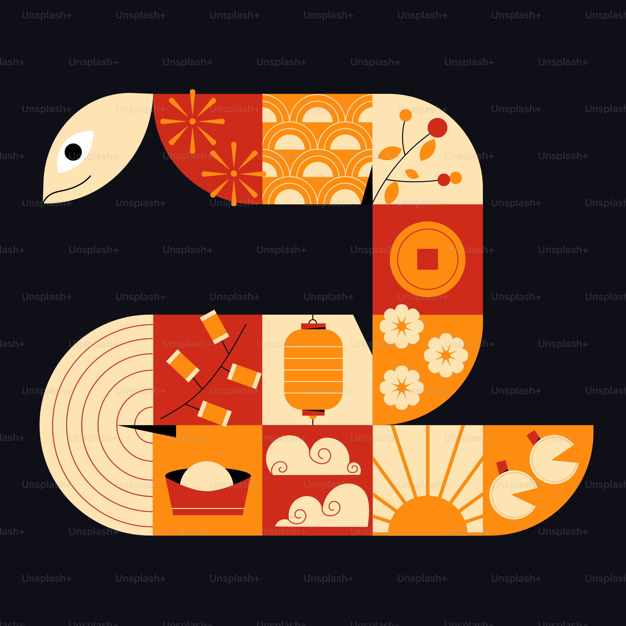 The letter e is made up of different colors and shapes