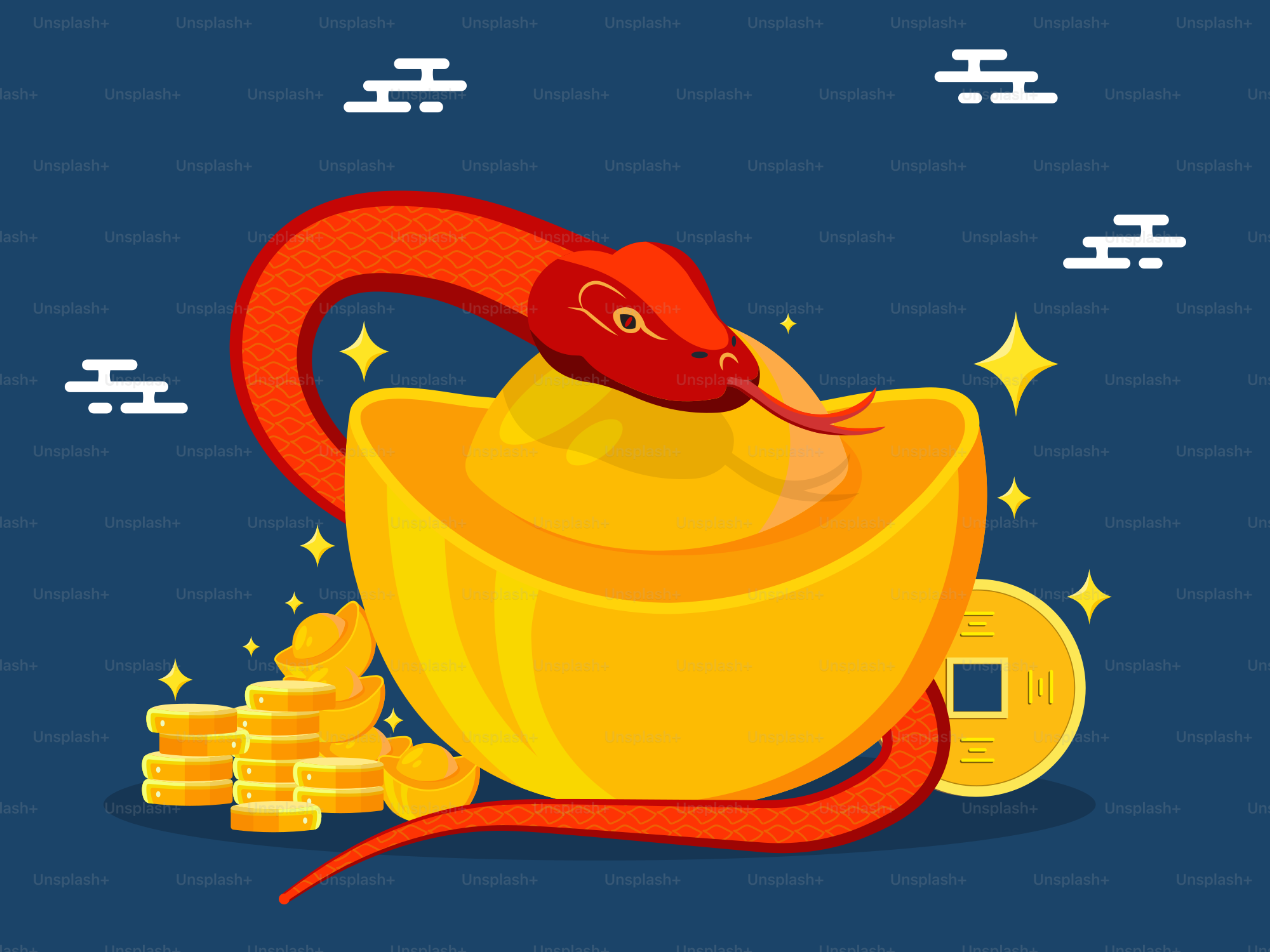 Una serpiente roja saliendo de un montón de monedas de oro