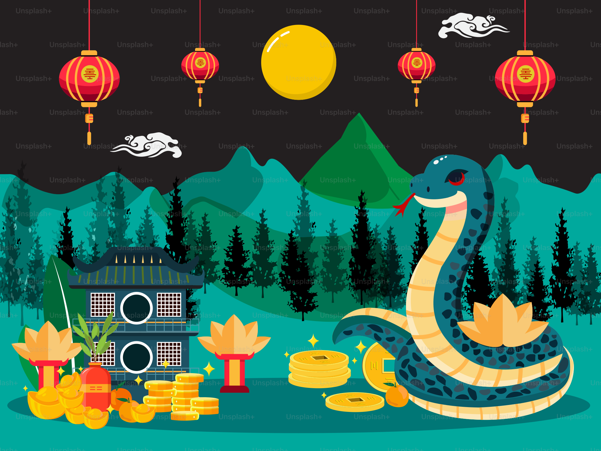 A snake is sitting on a pile of gold coins