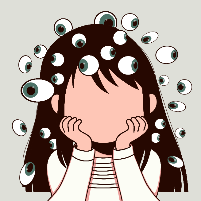 Ein Mädchen mit Augen auf dem Kopf und den Händen im Gesicht