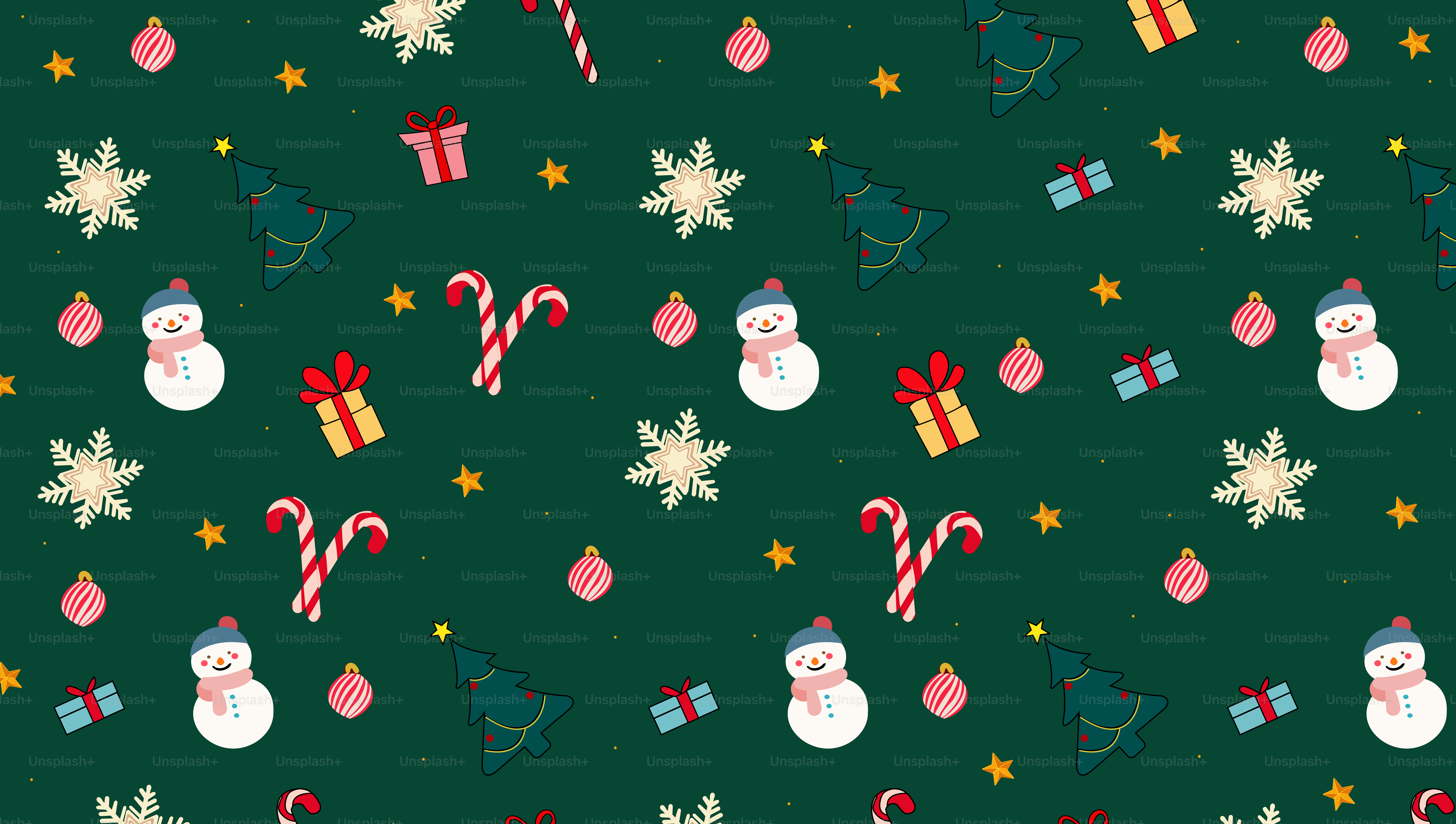 A green christmas background with candy canes and snowmen