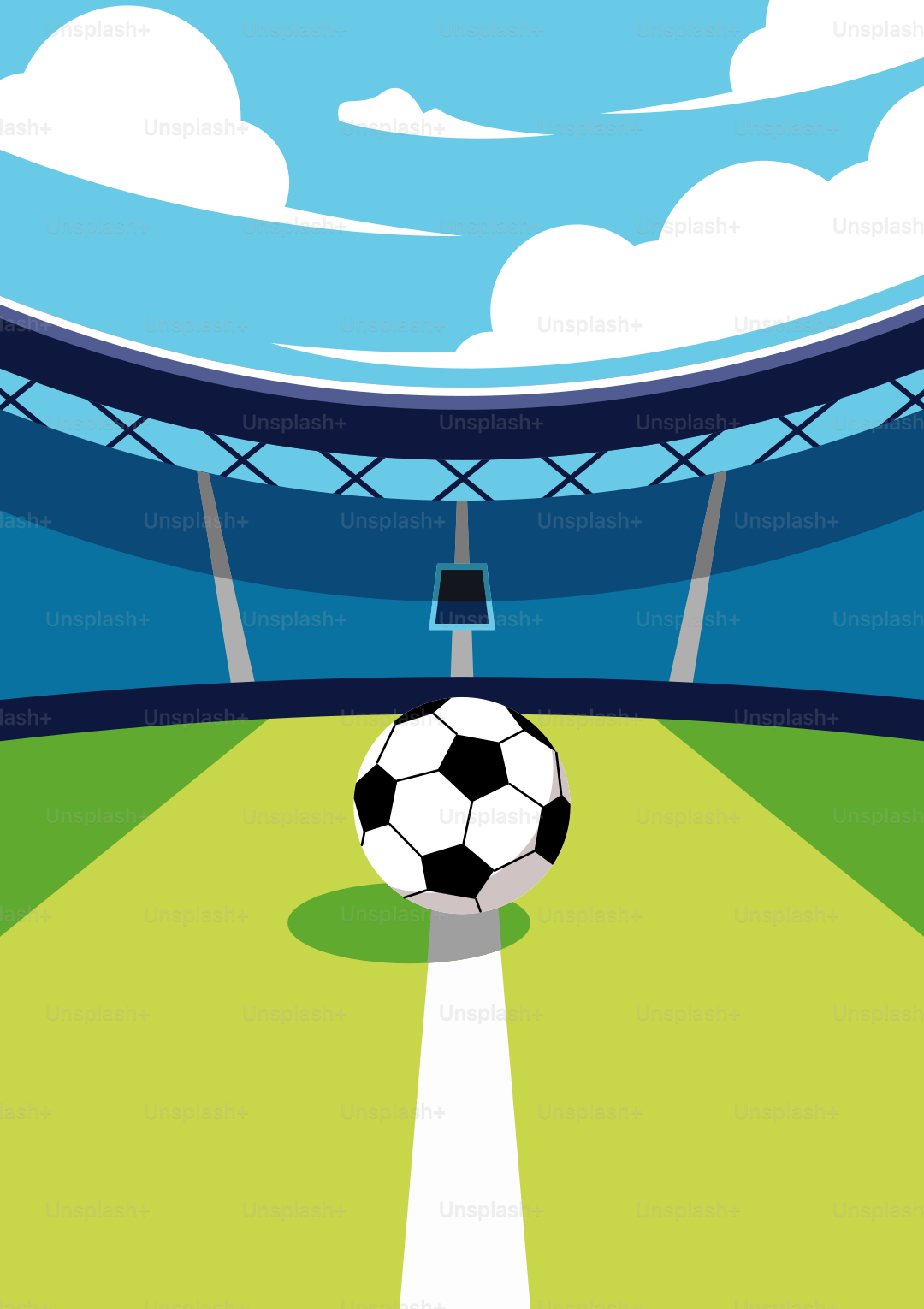 A soccer ball on the field of a stadium