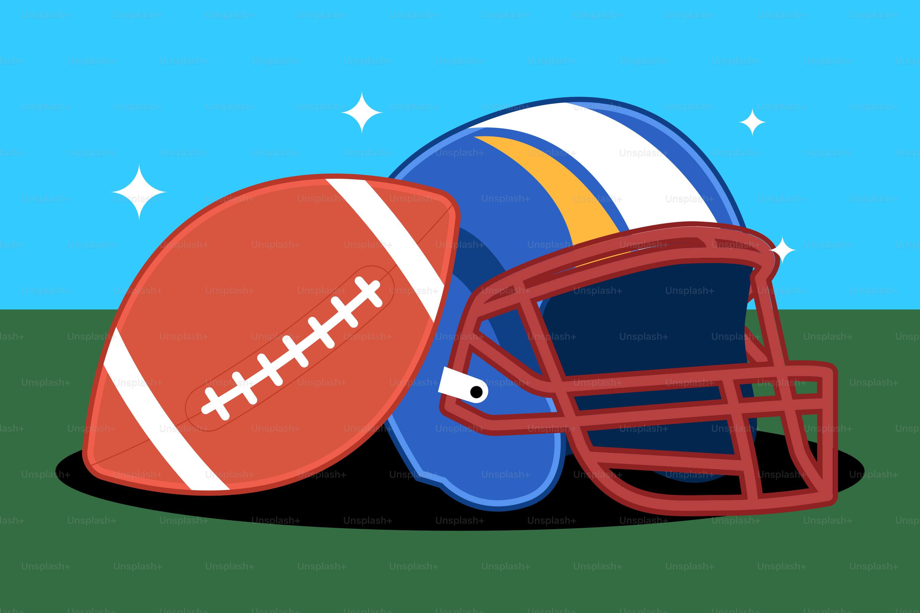 A football helmet and a football on a field