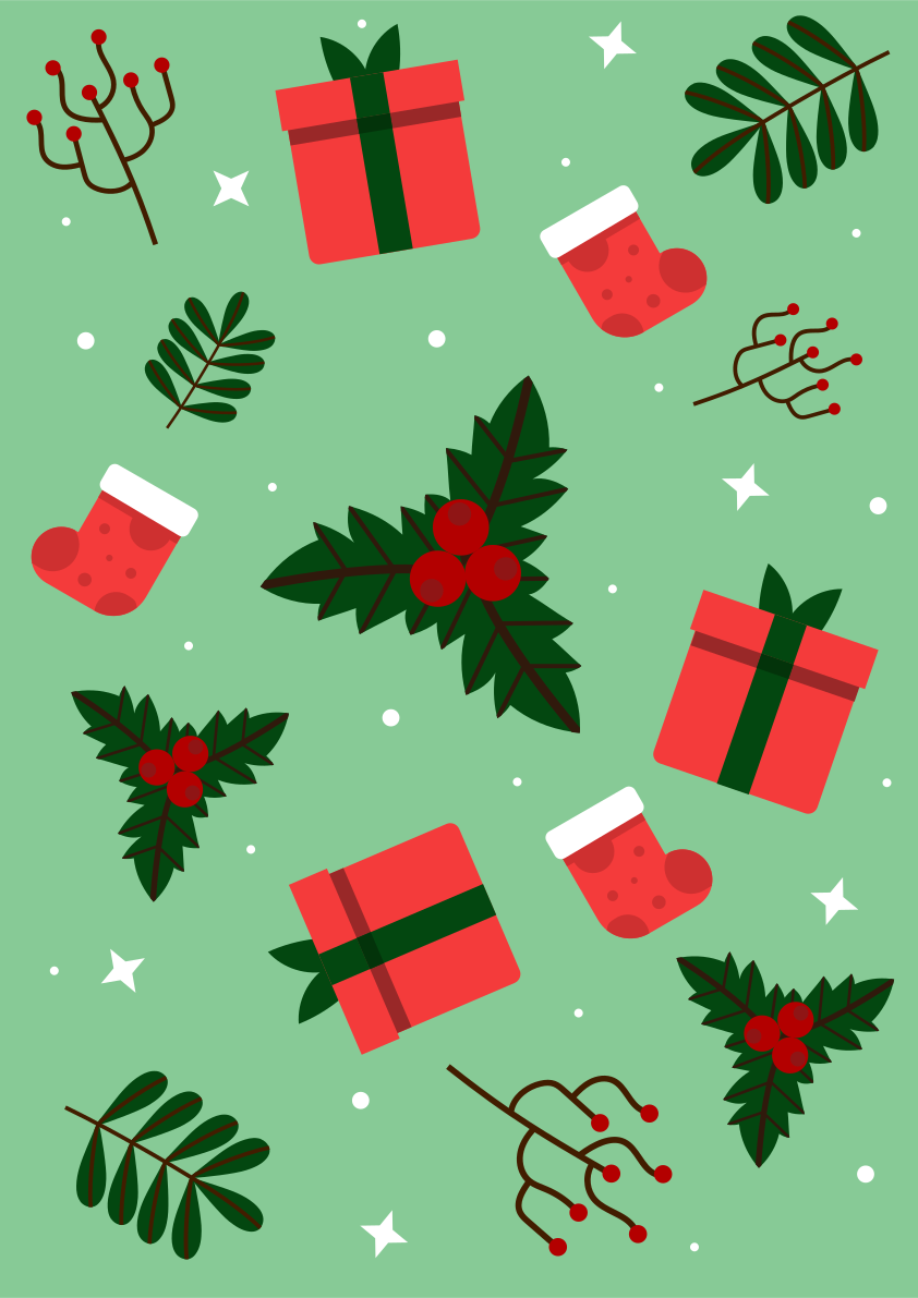 緑色の背景にクリスマスプレゼントと靴下が置かれている