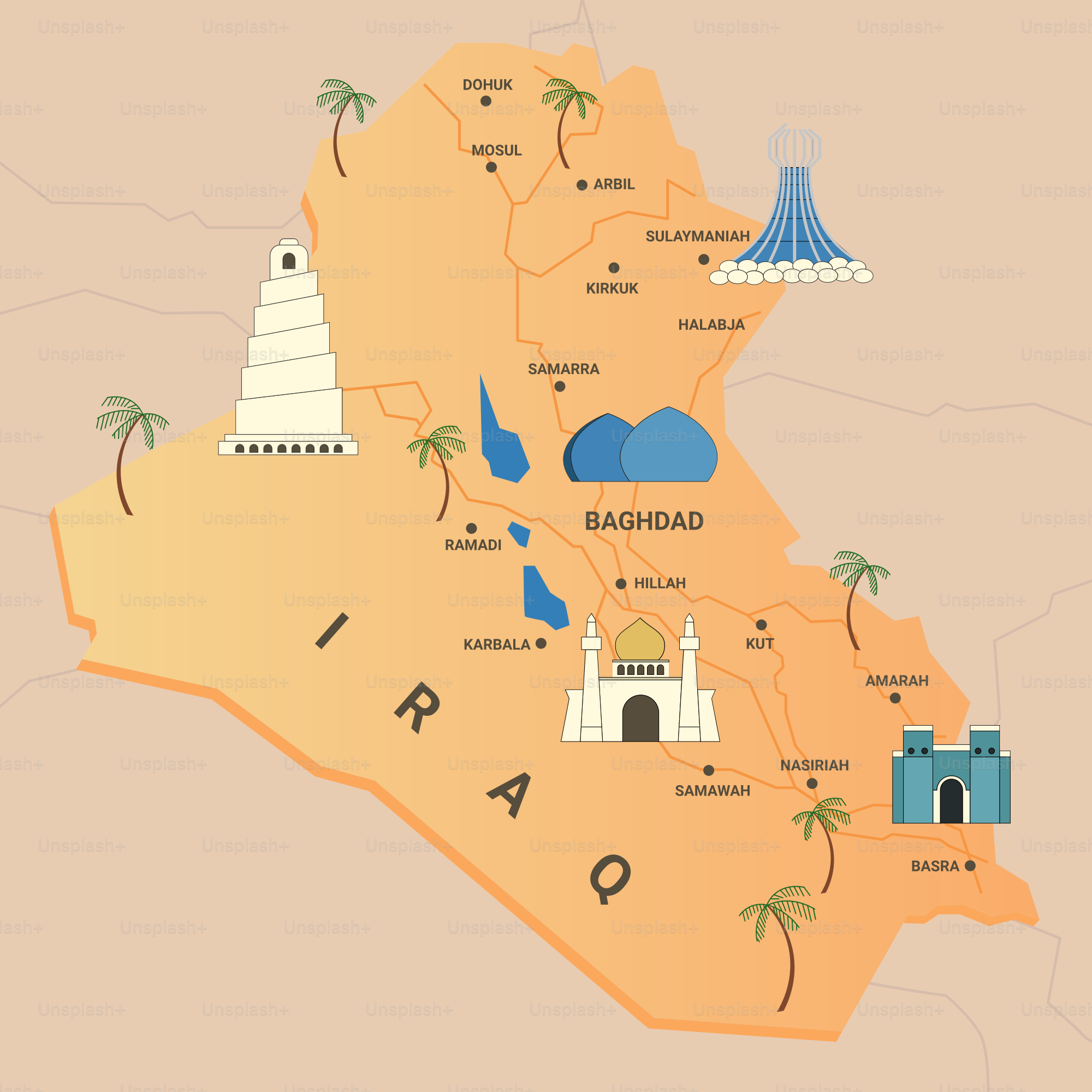A map of the country of iraq