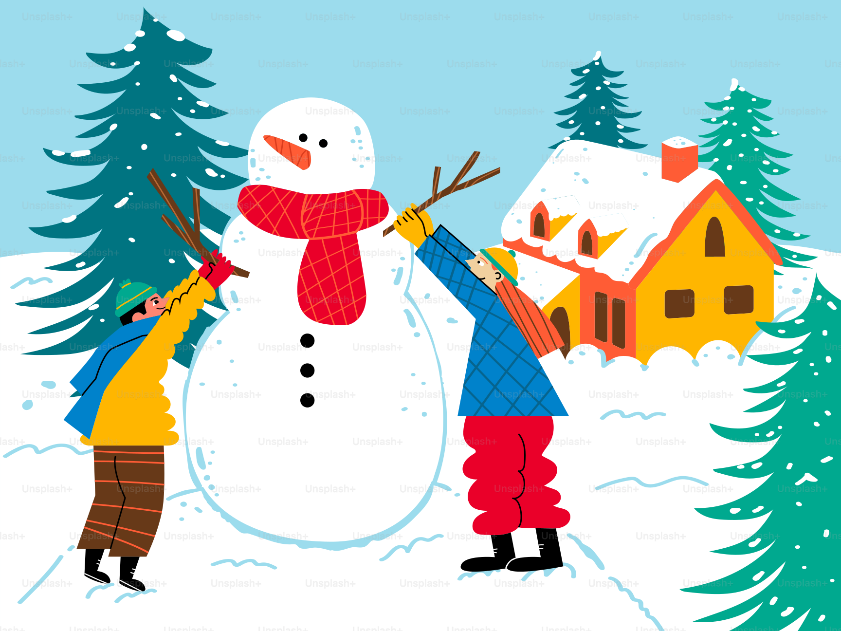 Due bambini che costruiscono un pupazzo di neve nella neve