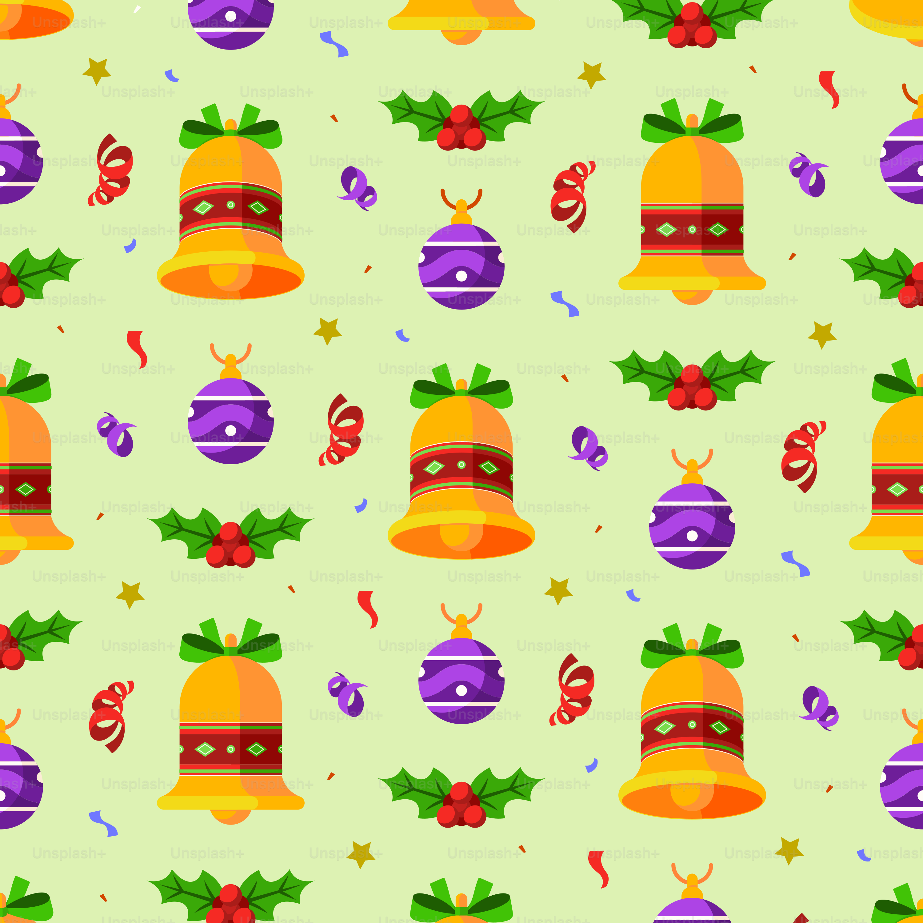 緑の背景に鈴とヒイラギが入ったクリスマスパターン