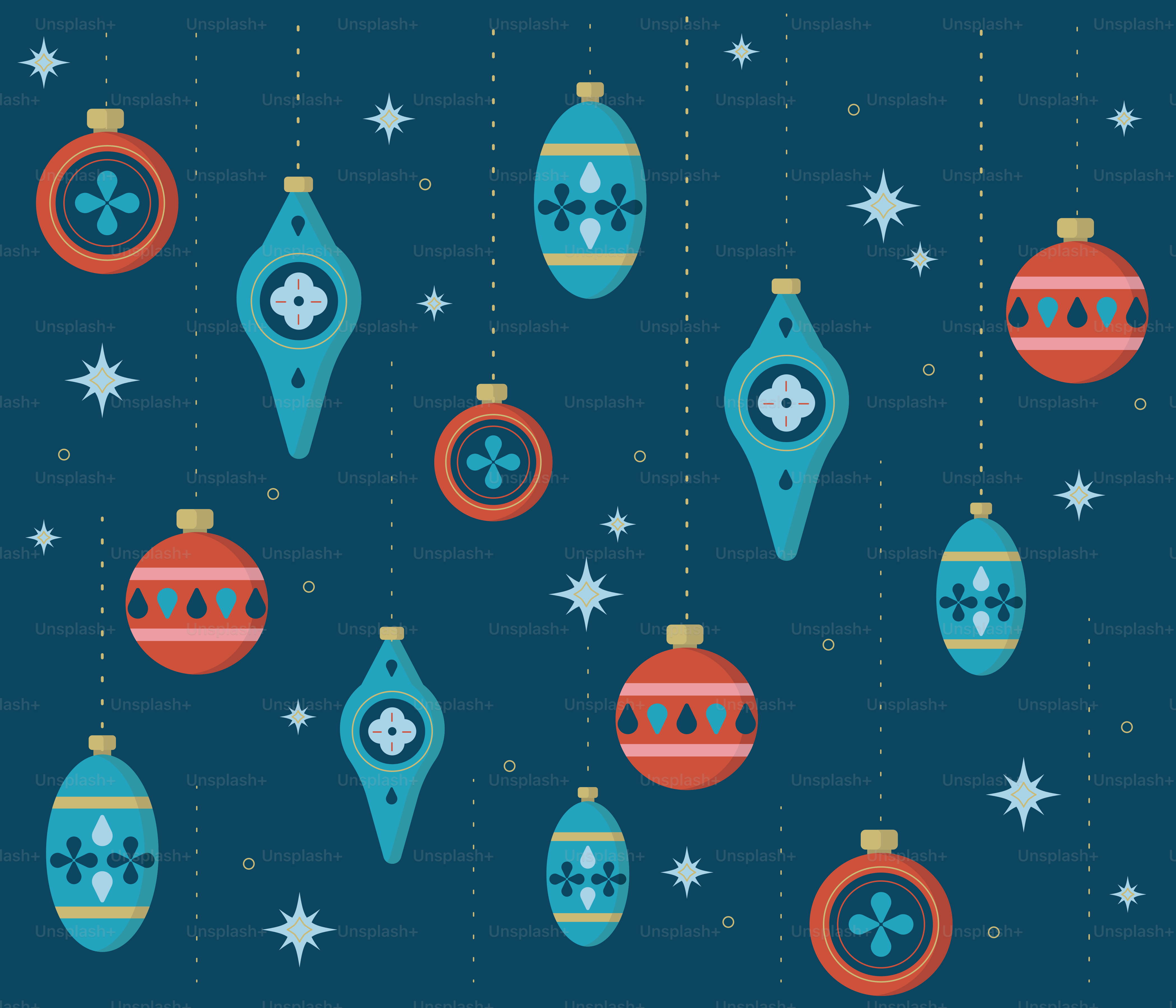 Un fond bleu avec des ornements de Noël et des flocons de neige