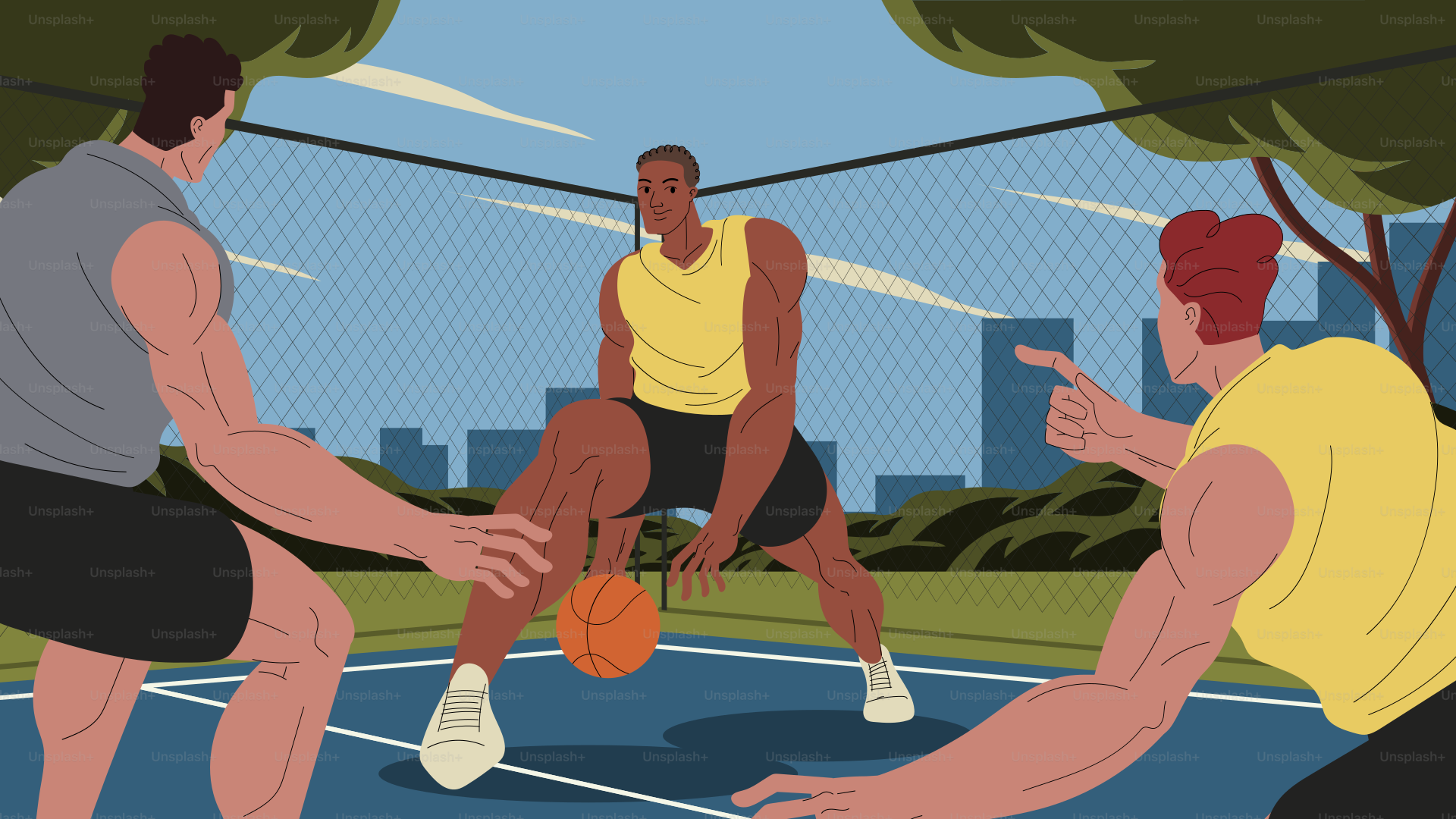 A group of men playing a game of basketball