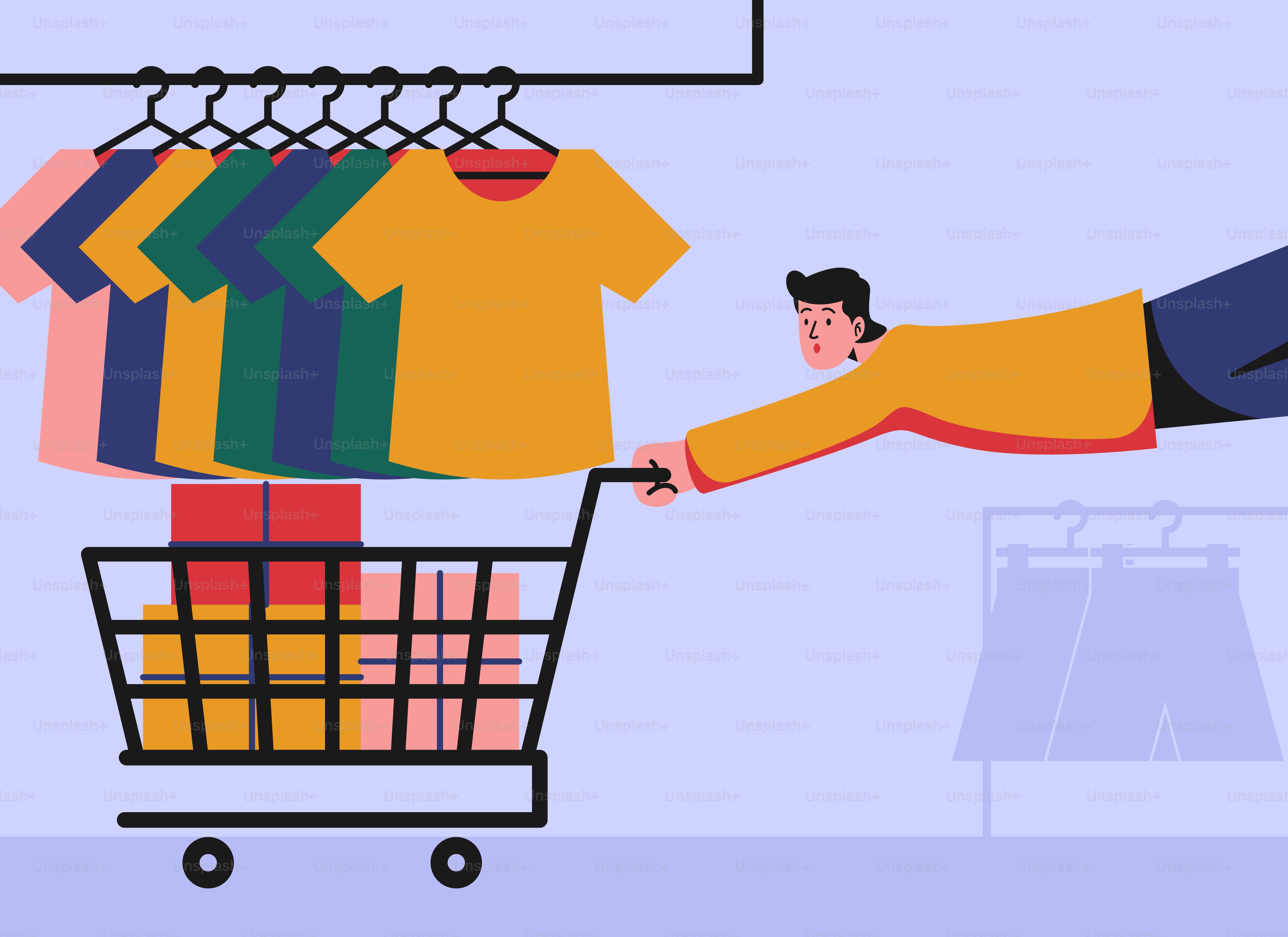 A man pushing a shopping cart with a t - shirt on it