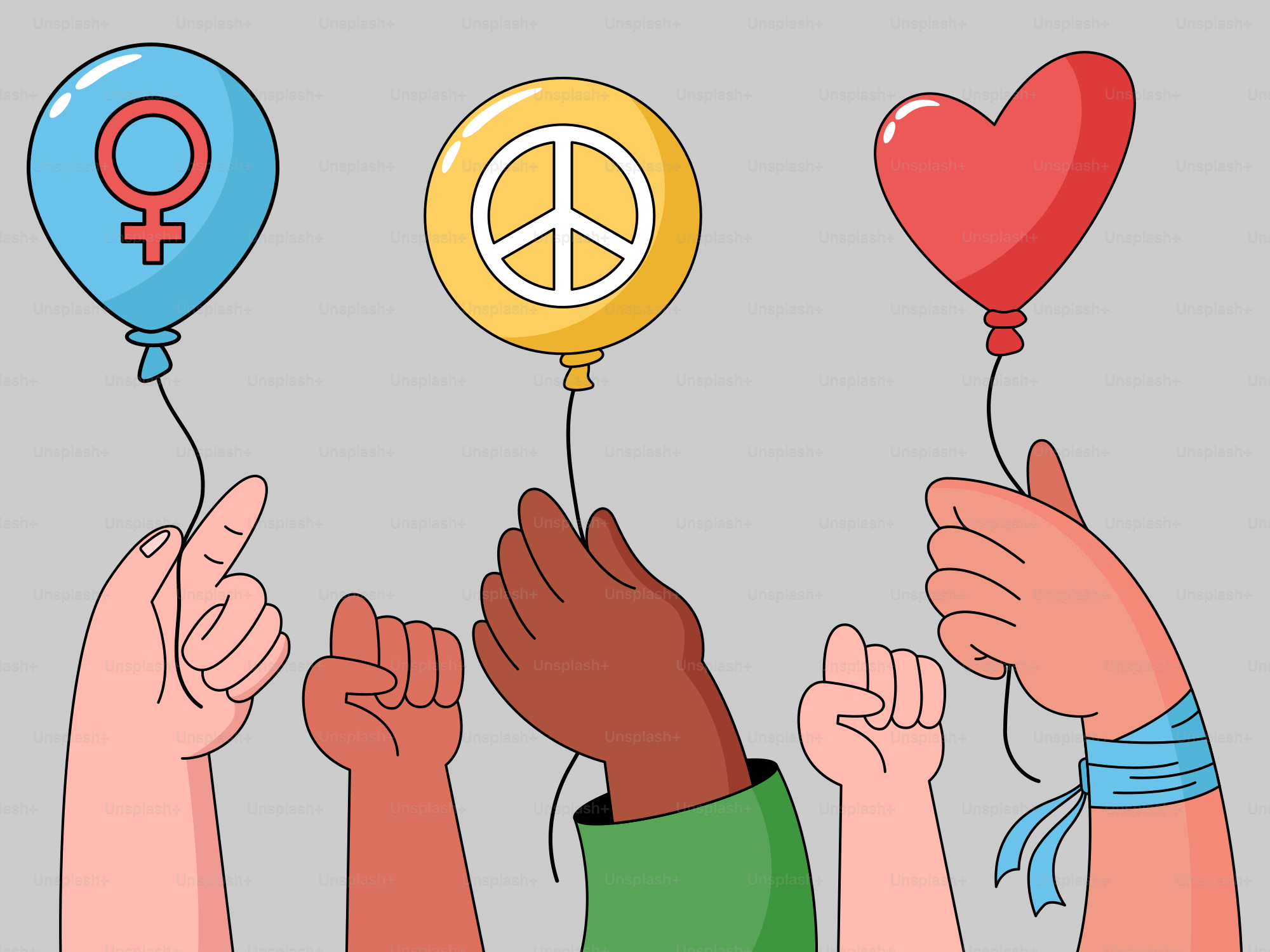 A group of people holding balloons in the air