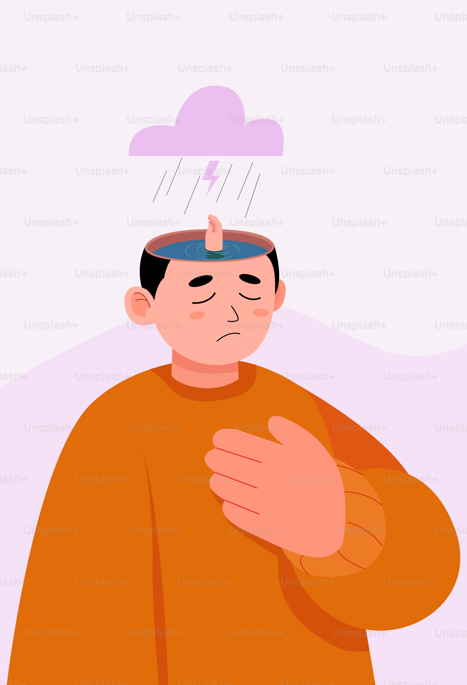 A man in an orange shirt with a cloud above his head
