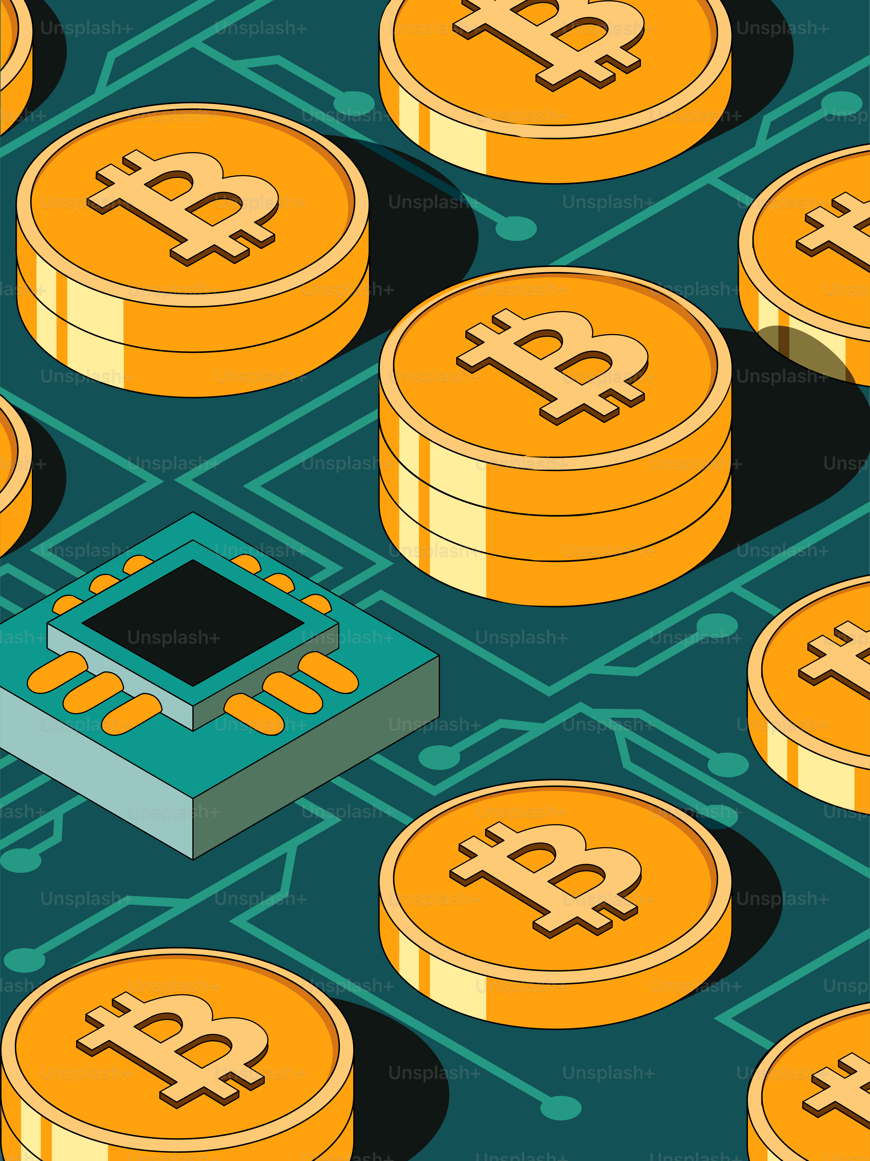 コンピュータチップの上に積まれた大量のビットコイン