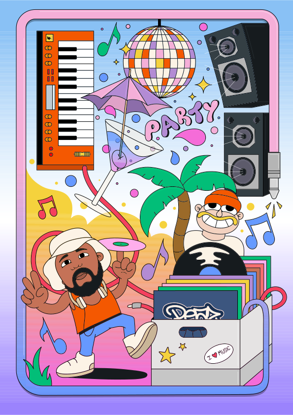 A cartoon of a man playing a keyboard