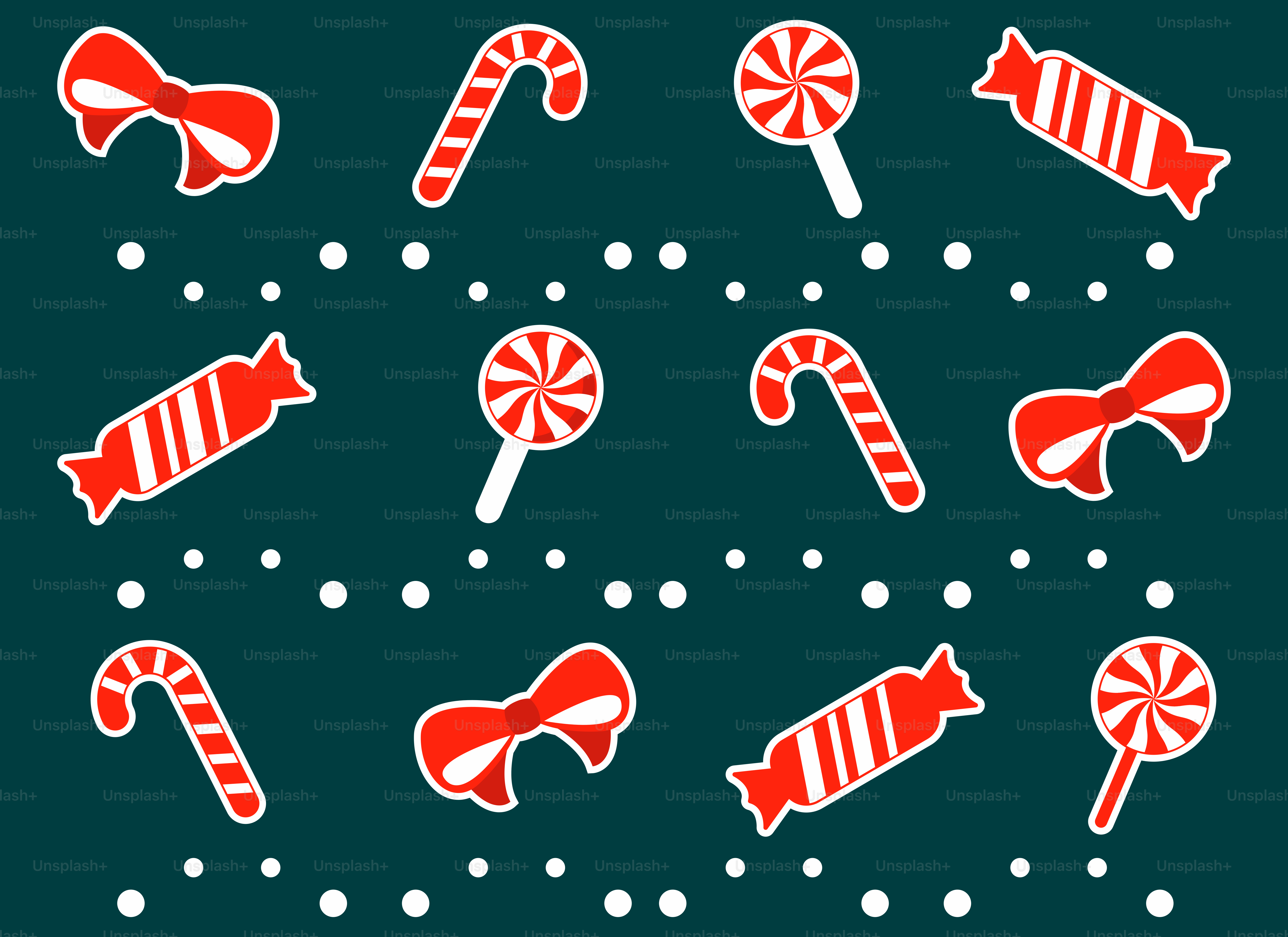 A green background with red and white candies and lollipops