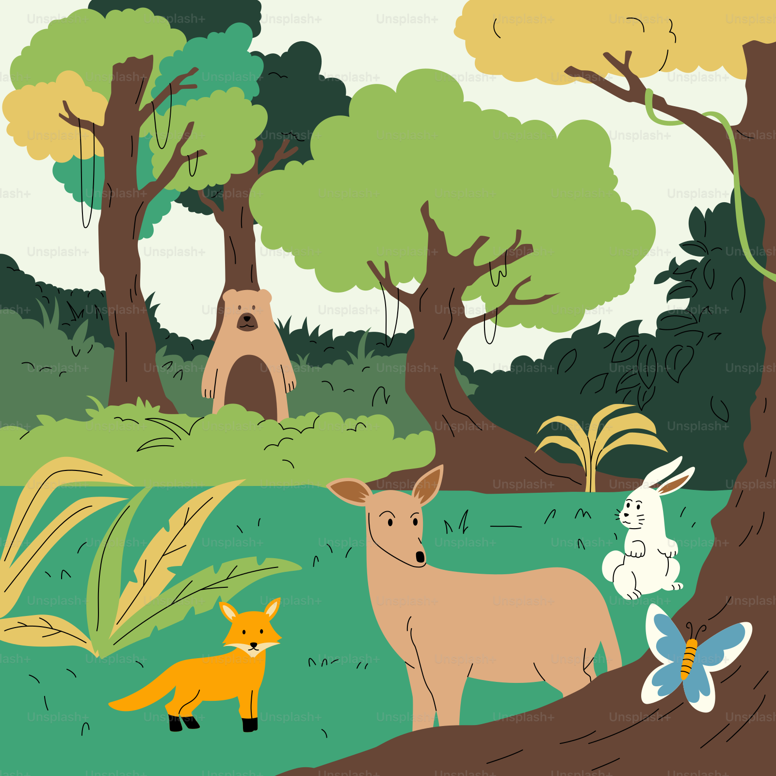 Une image d’une forêt avec des animaux et un oiseau