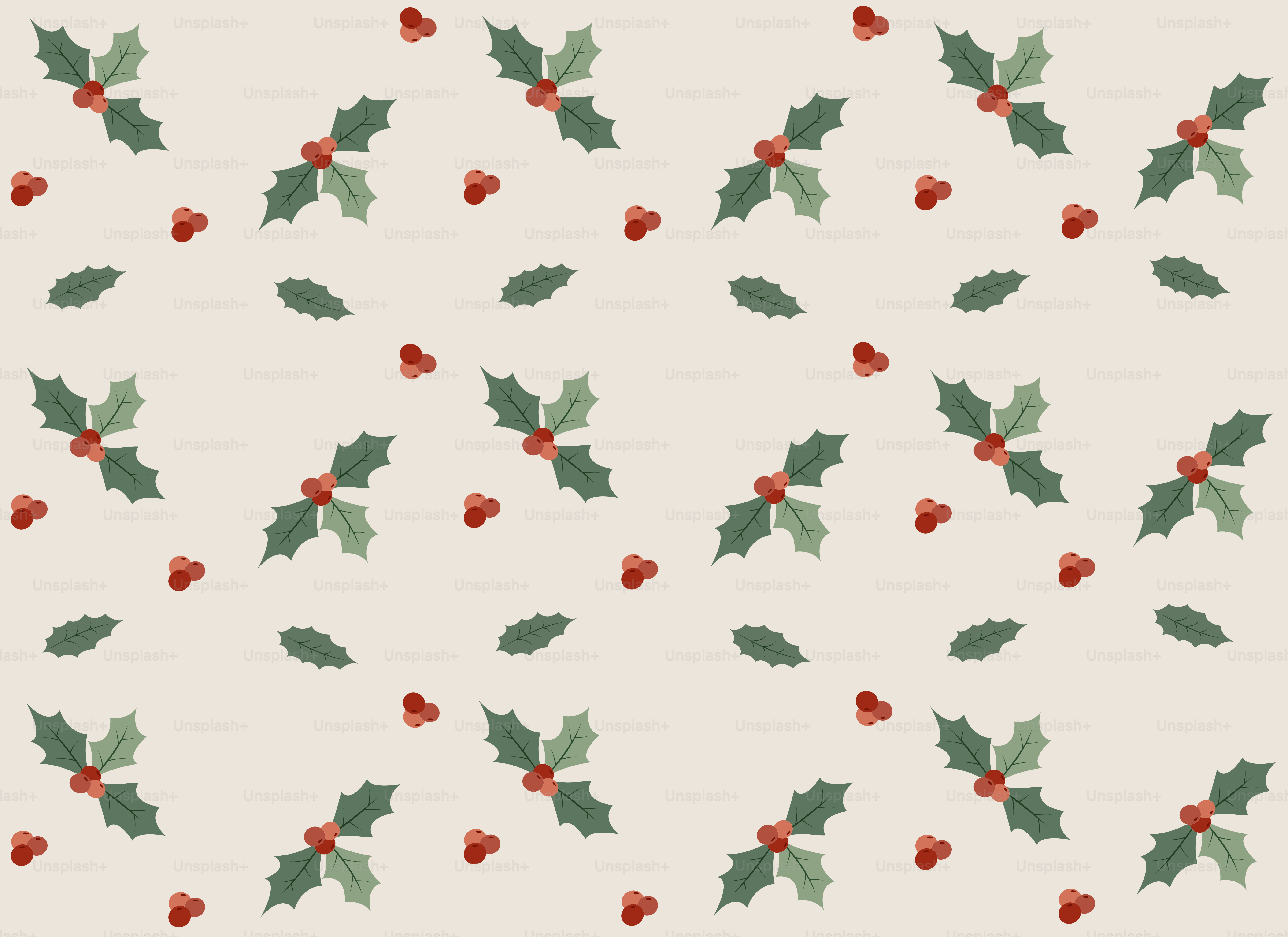 A pattern of holly leaves and berries on a white background