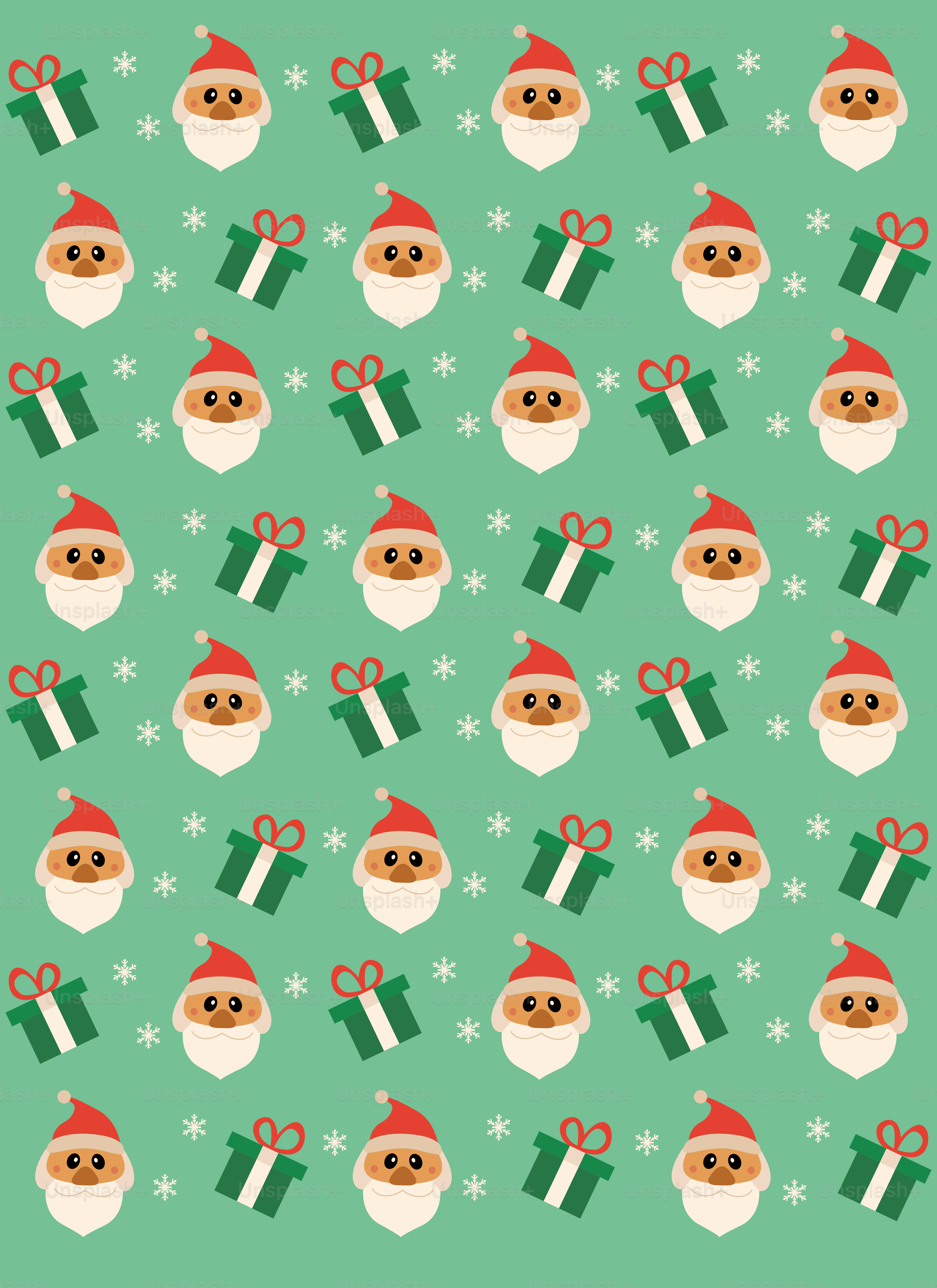 Ein grüner Hintergrund mit Weihnachtsmännern und Geschenken