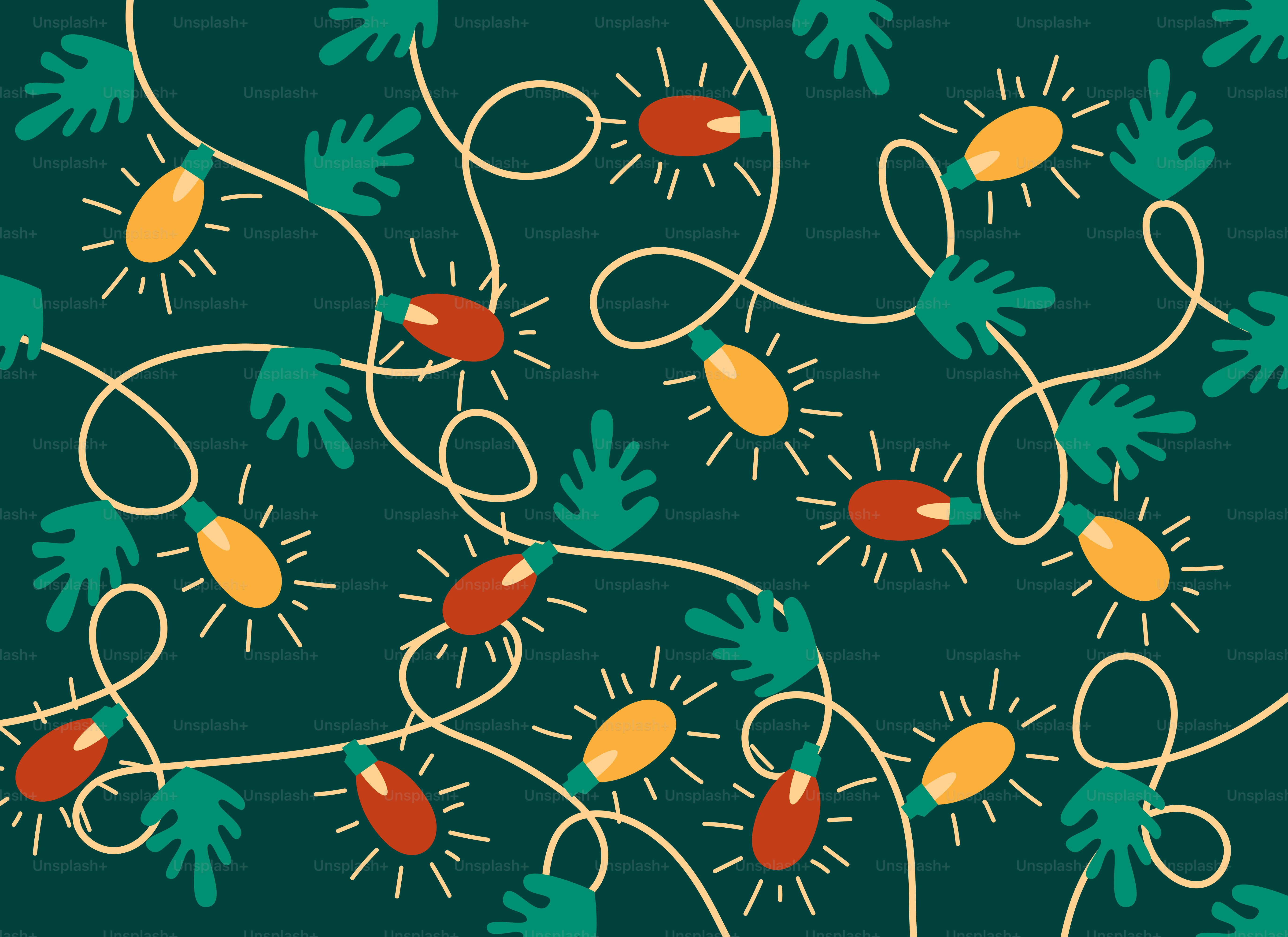 A green background with red and yellow christmas lights