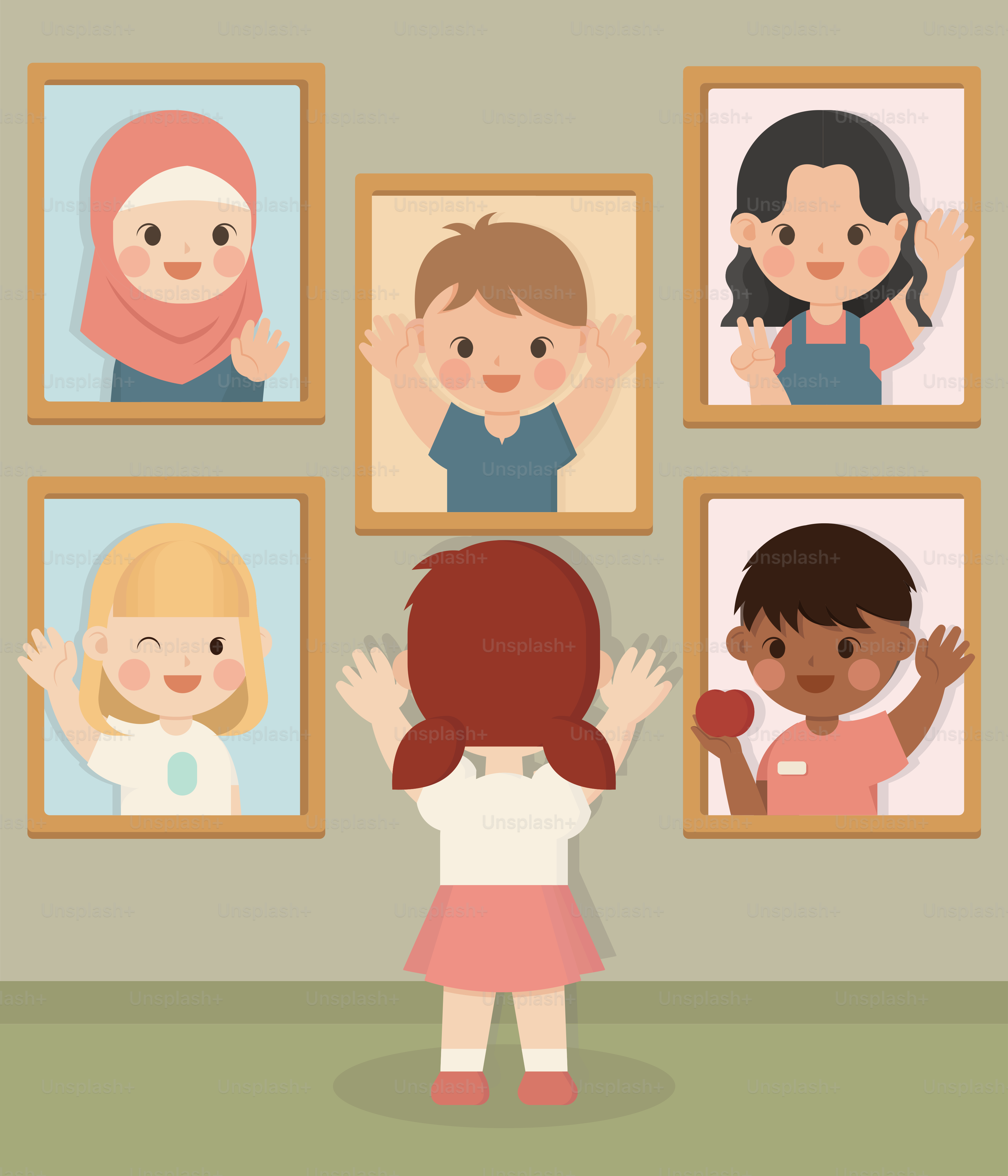 A little girl standing in front of a wall with pictures on it