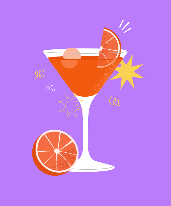 A purple background with an orange and a cocktail glass