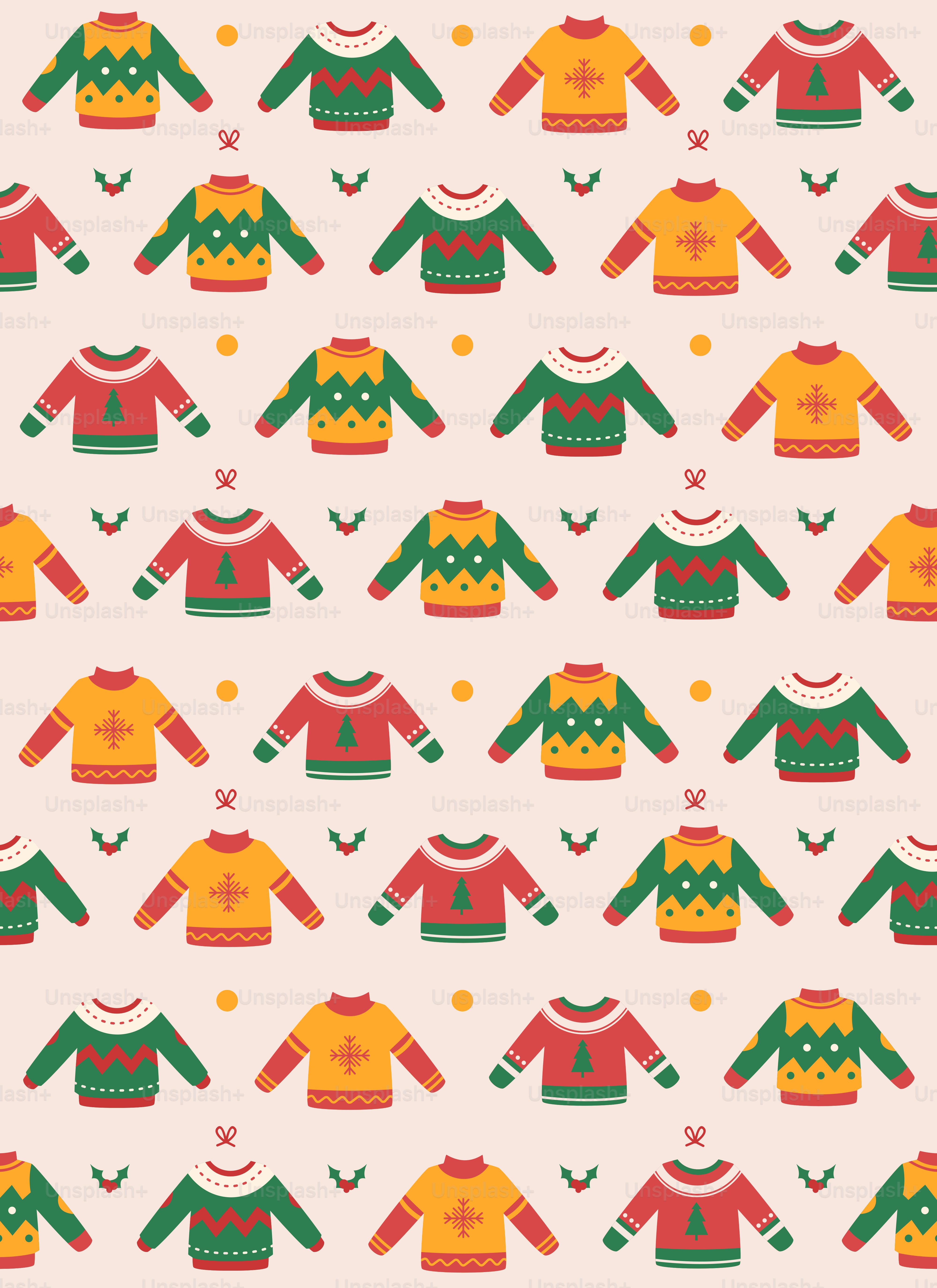 A pattern of colorful sweaters on a white background