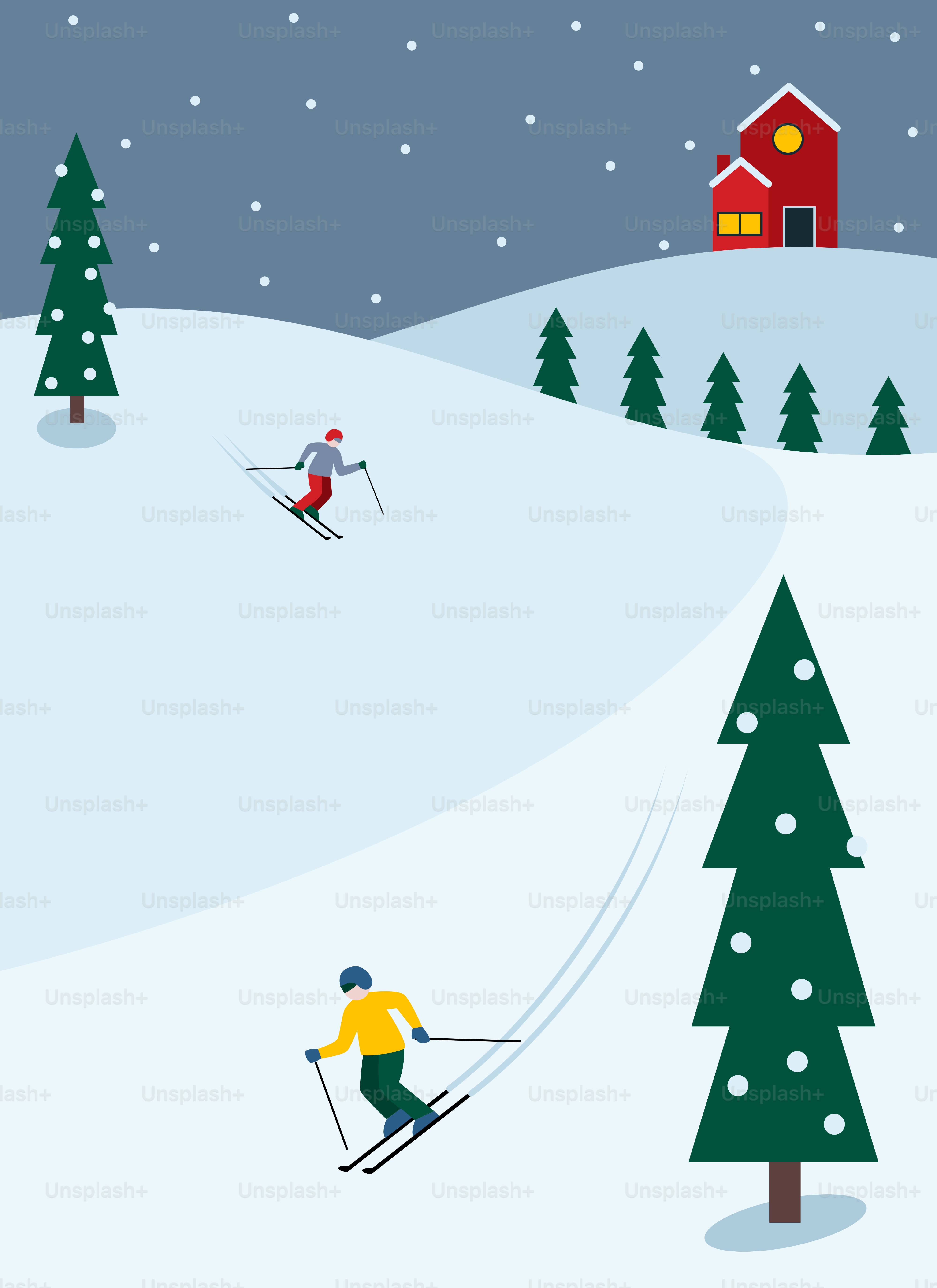 A couple of people riding skis down a snow covered slope