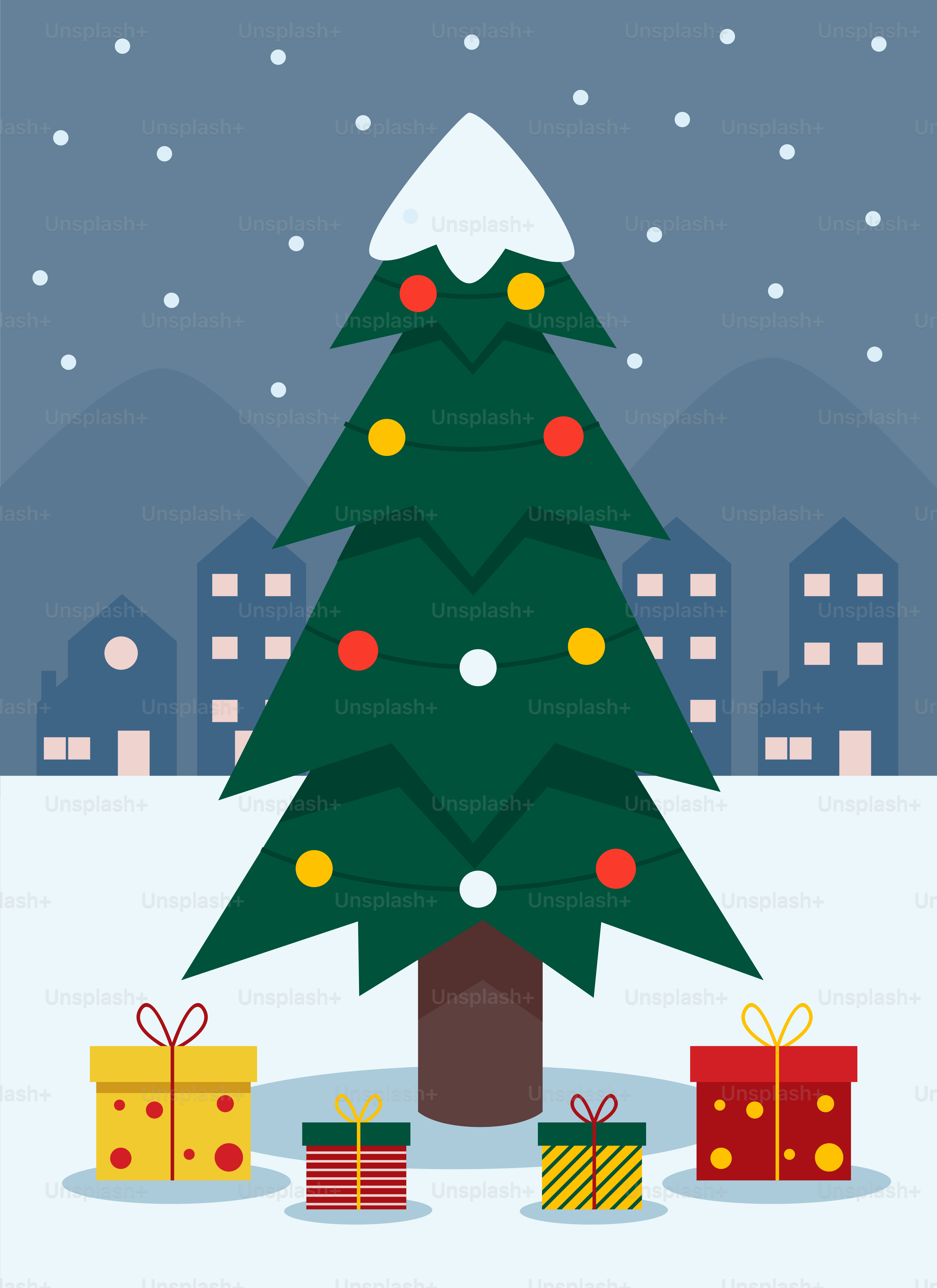 Un árbol de Navidad rodeado de regalos en la nieve