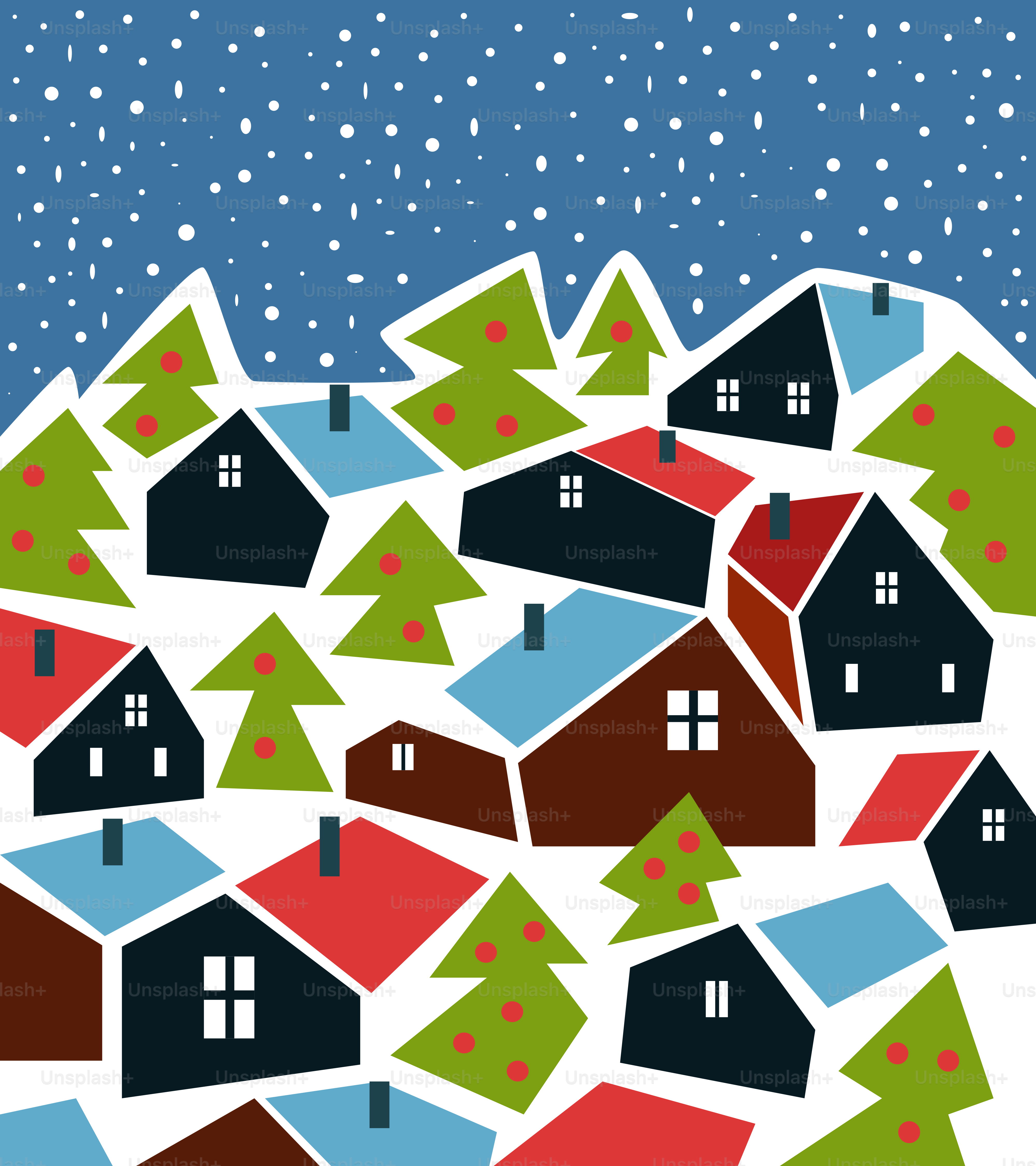 A christmas card with houses and trees in the snow