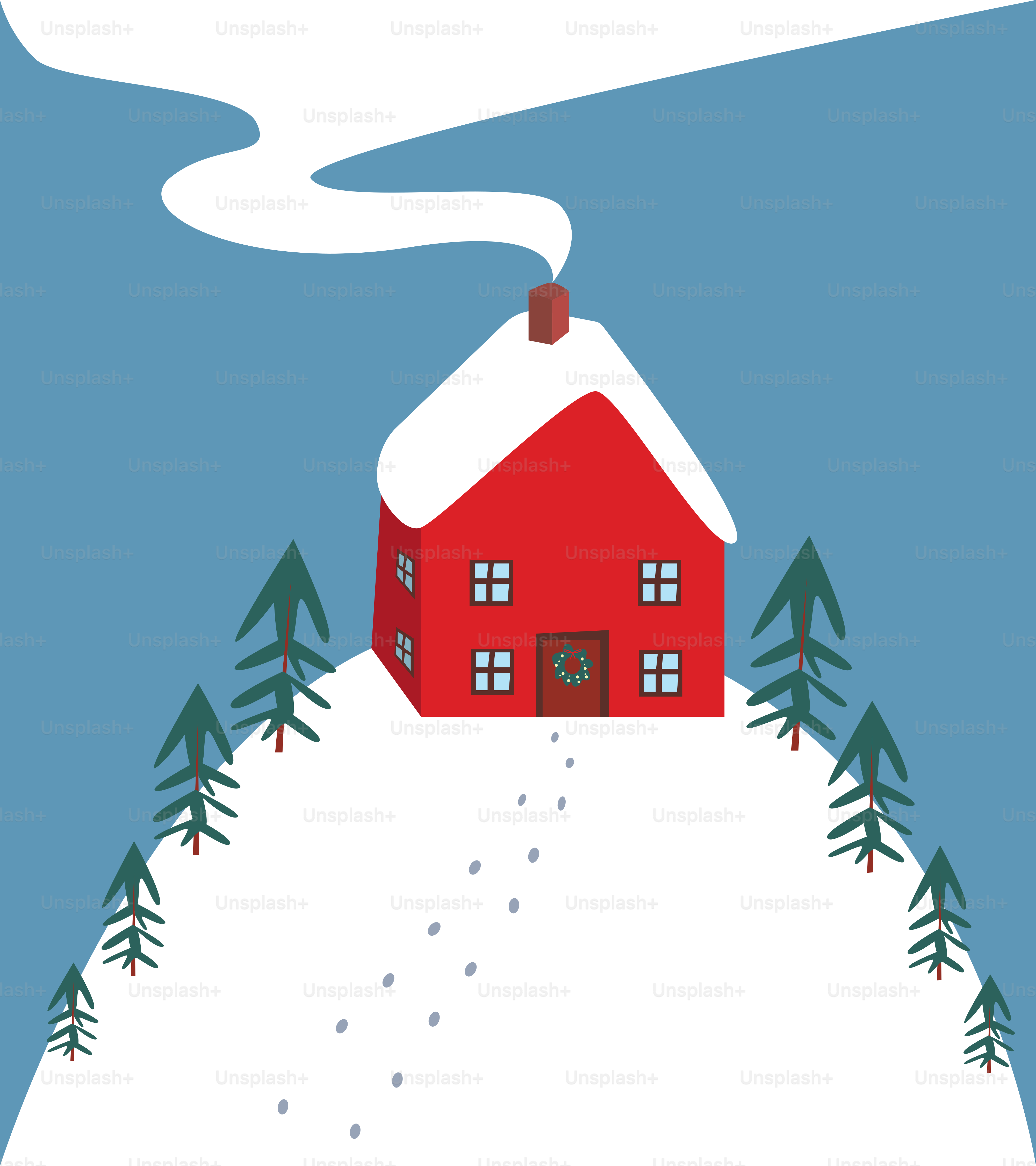 A red house sitting on top of a snow covered hill