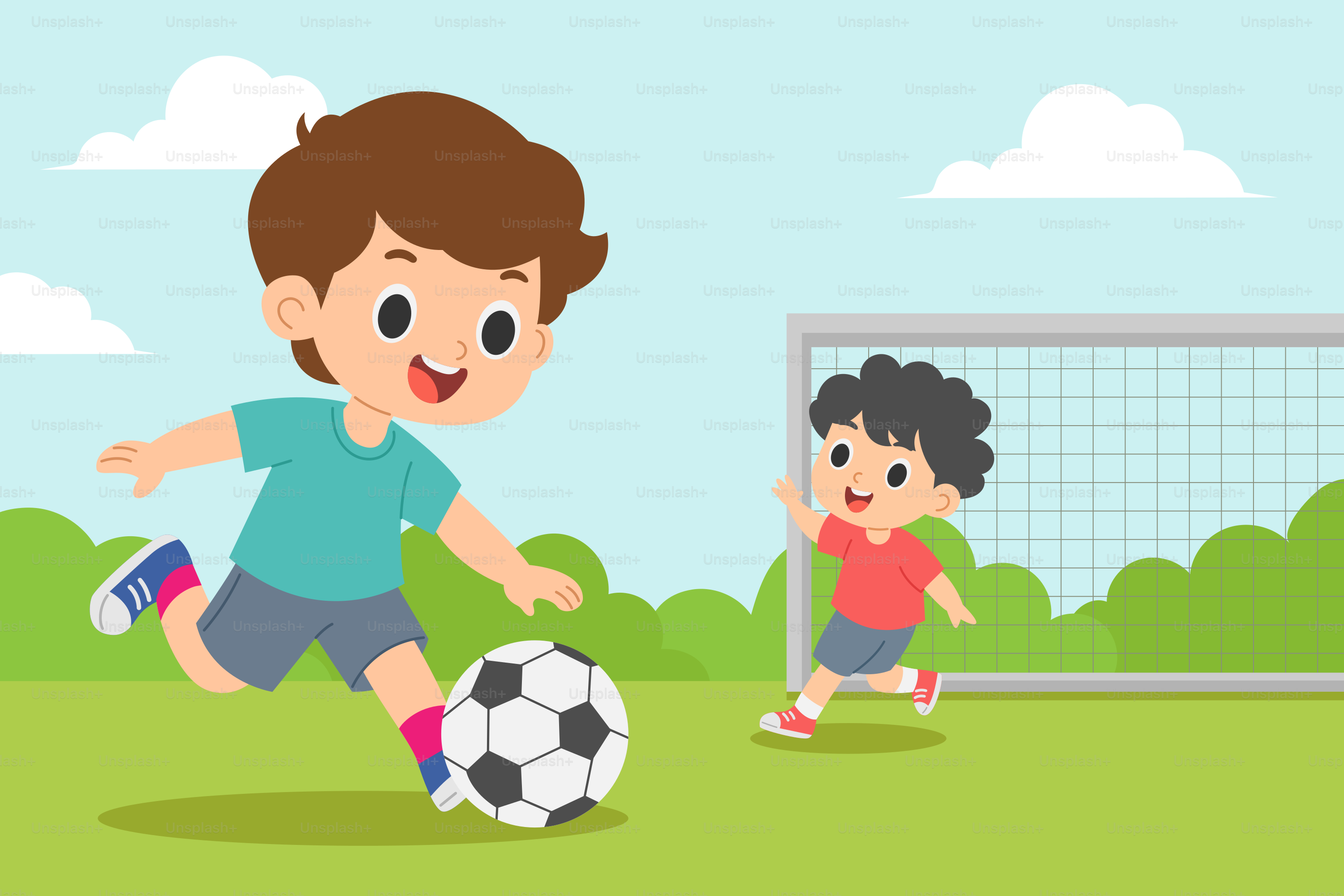 A boy and a girl playing soccer on a field