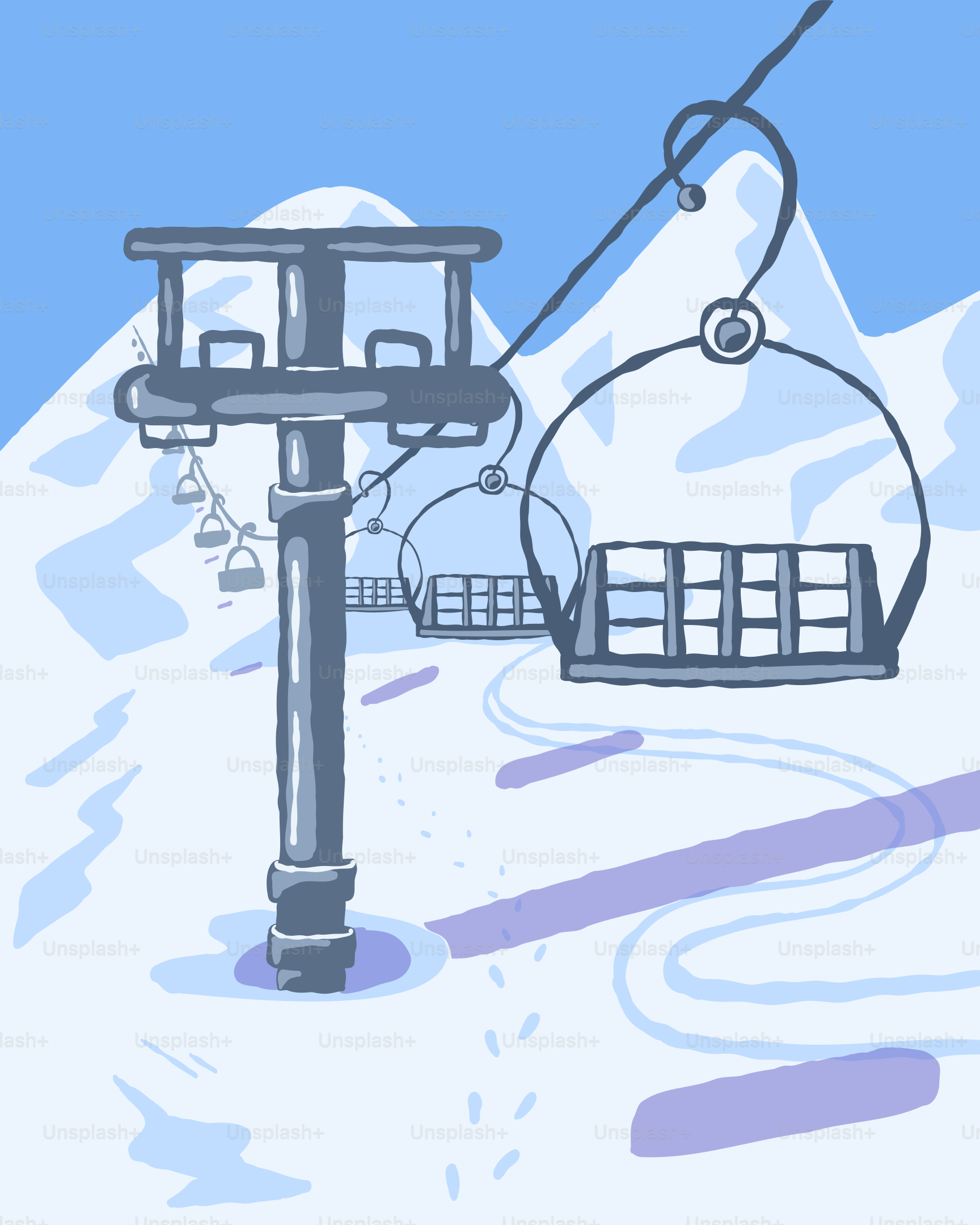 A drawing of a ski lift on a snowy mountain