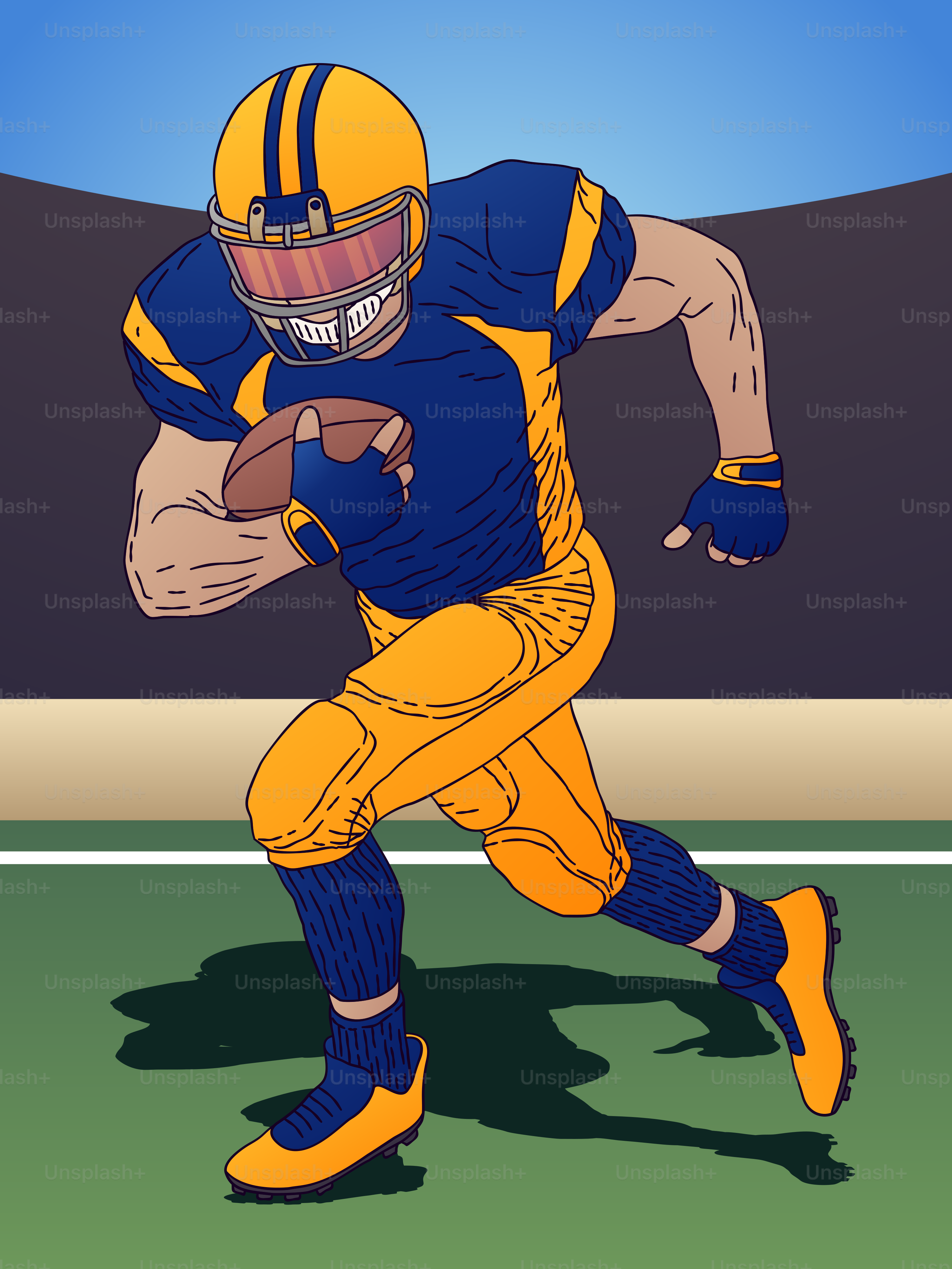 A cartoon of a football player running with the ball