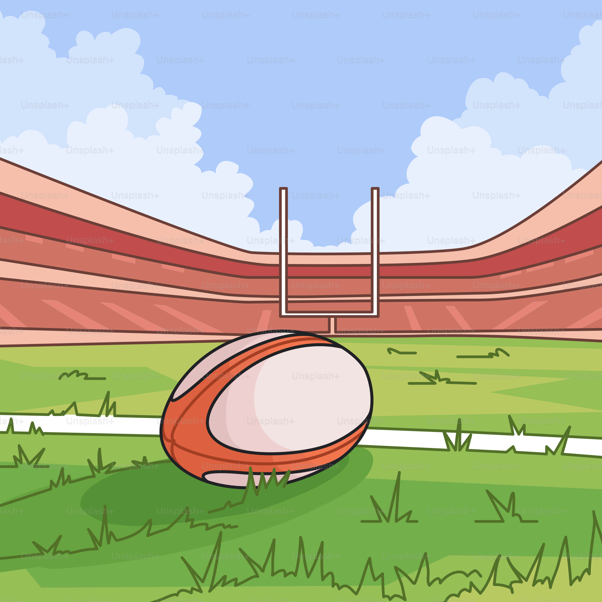 Una caricatura de una pelota de rugby en un estadio