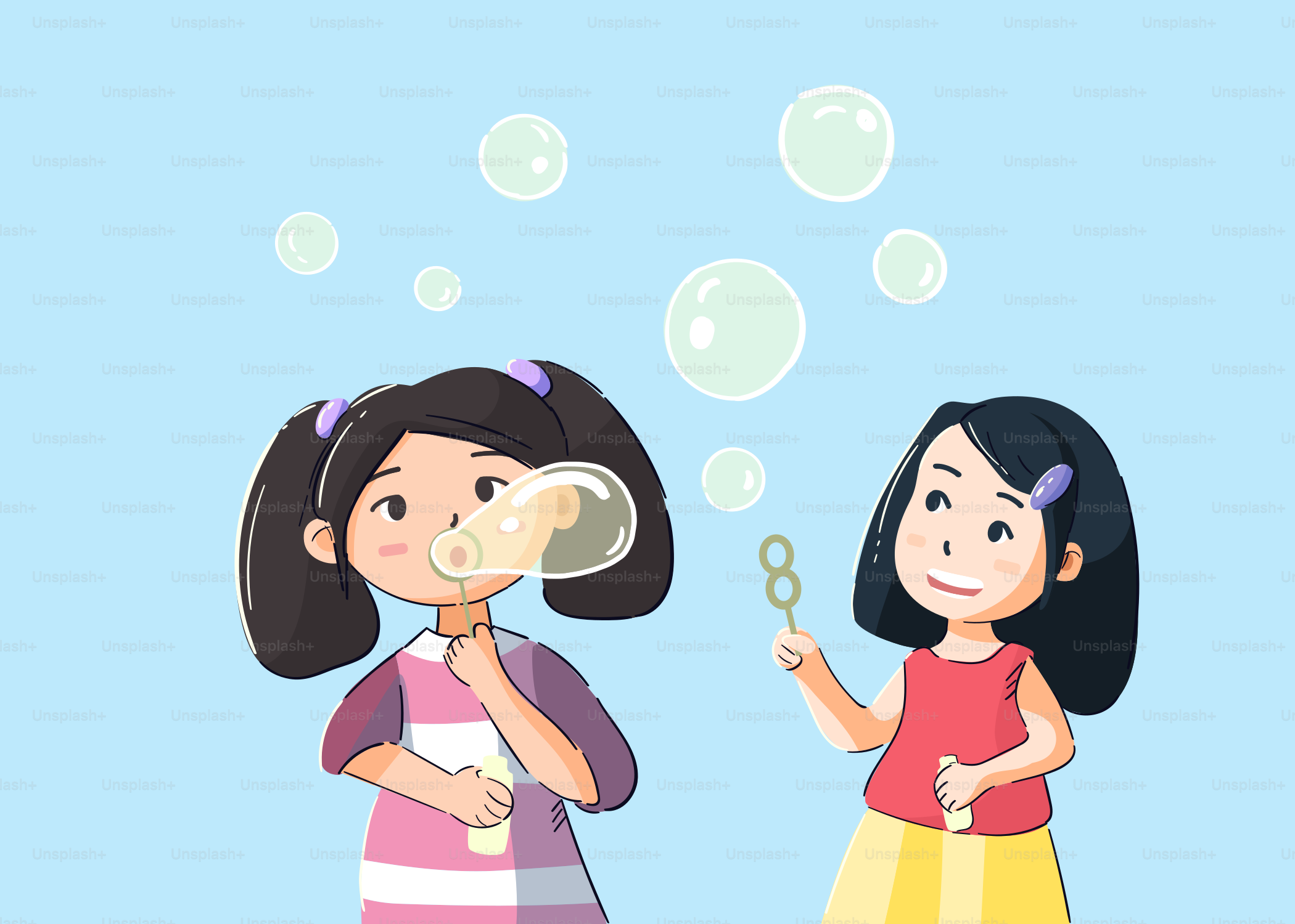 Two girls blowing bubbles on a blue background vector – Illustration Image  on Unsplash, image size:3000x2142