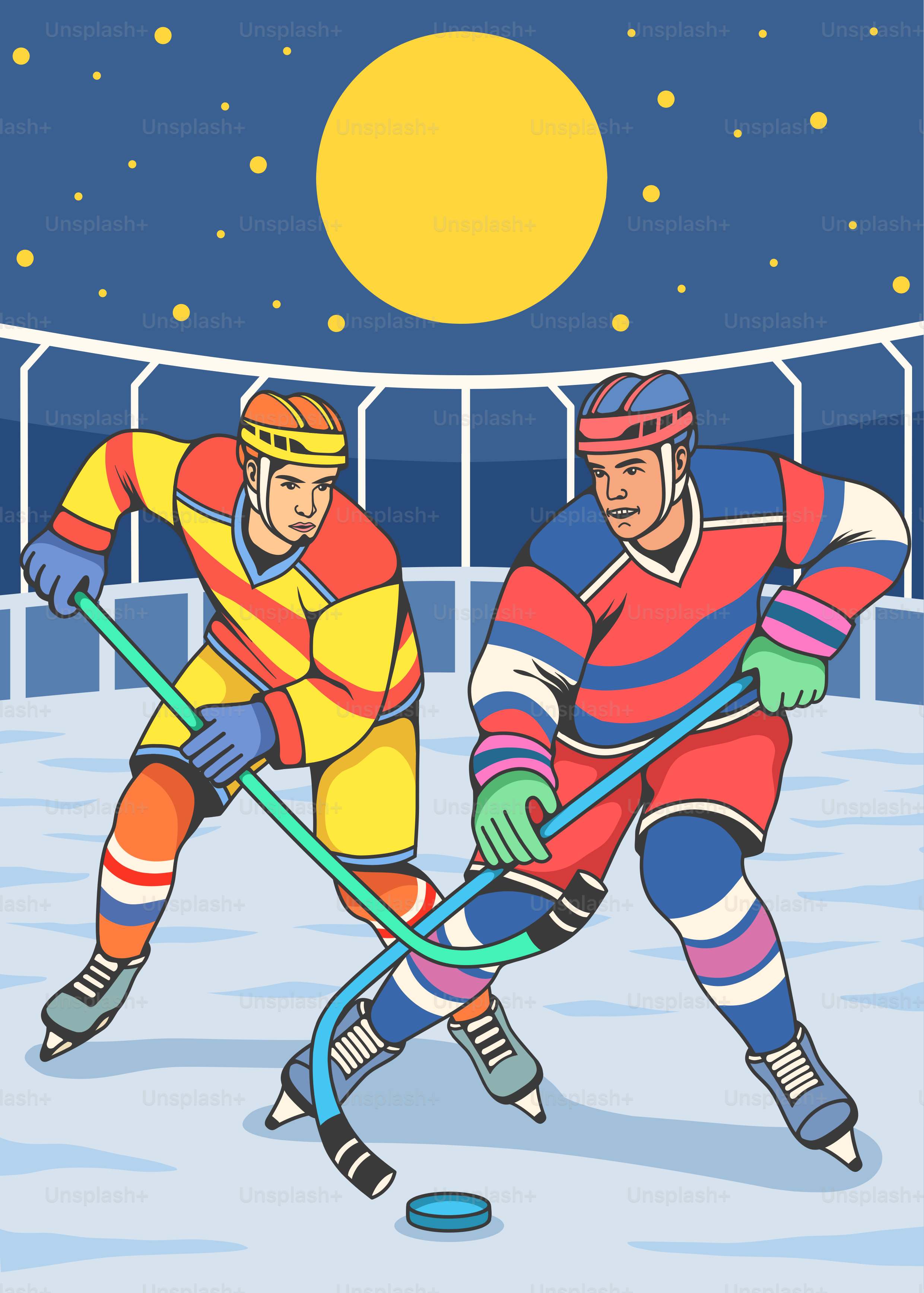 A couple of men playing a game of ice hockey
