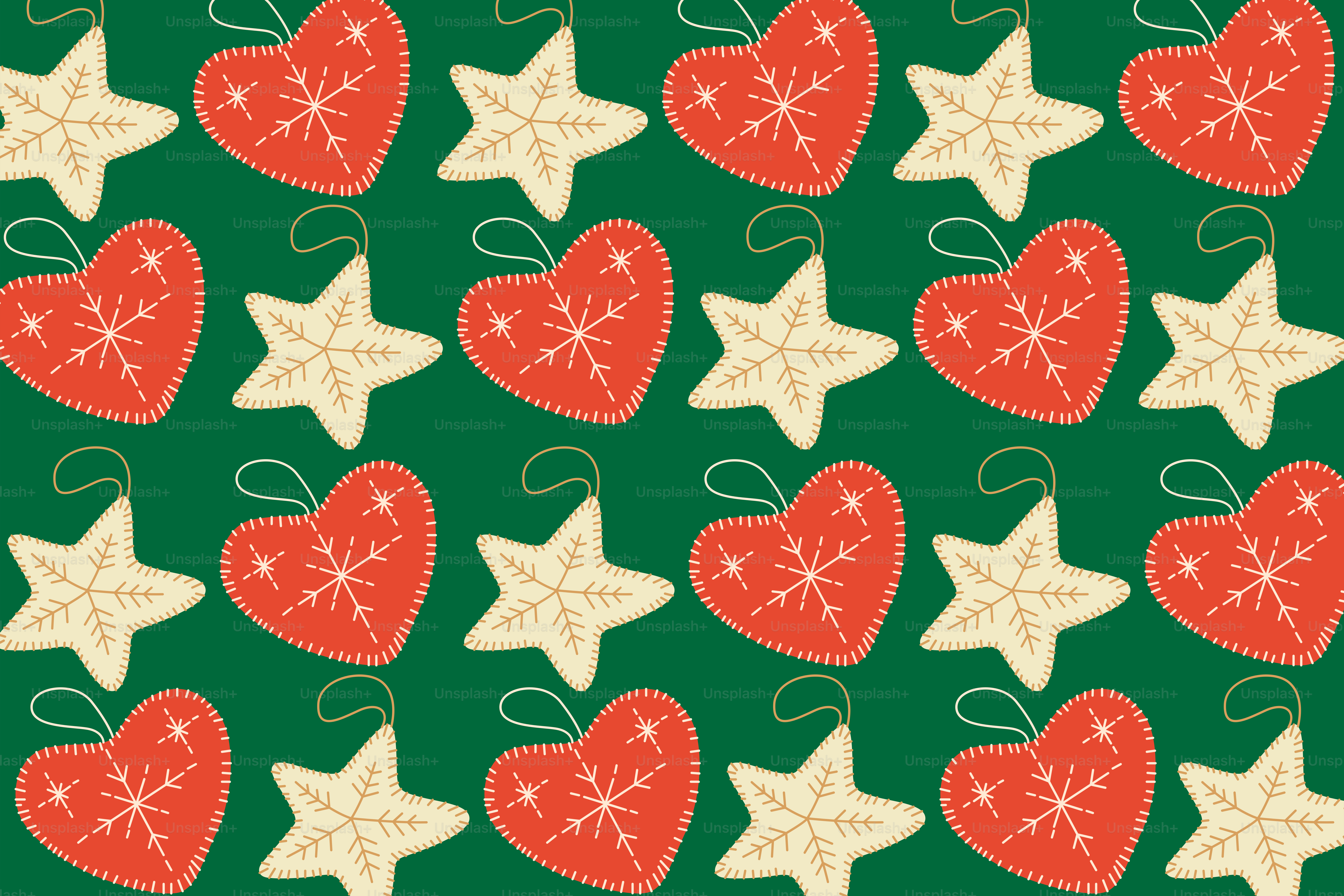 A green background with red and white hearts and stars