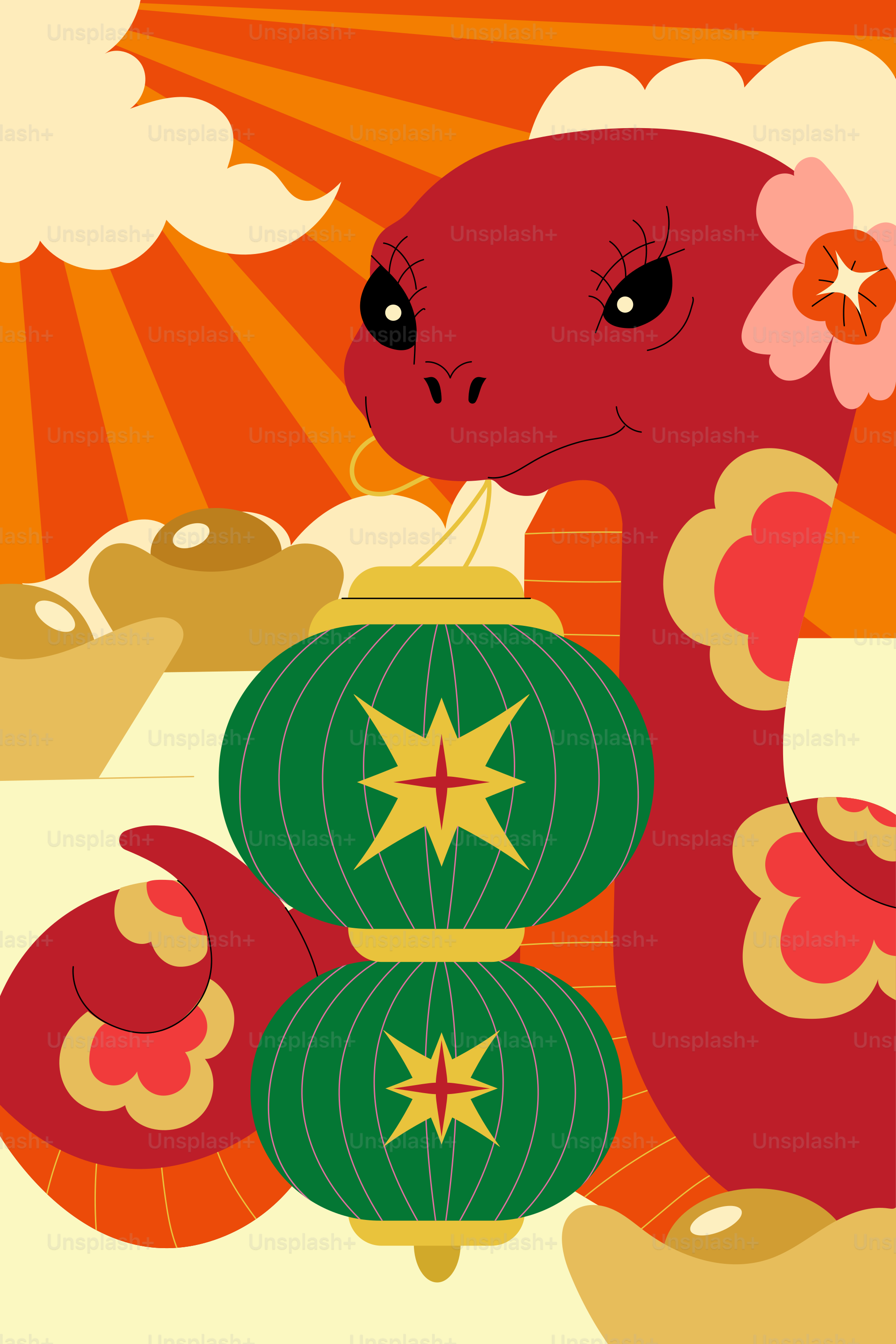 Un dragon rouge avec une fleur sur la tête