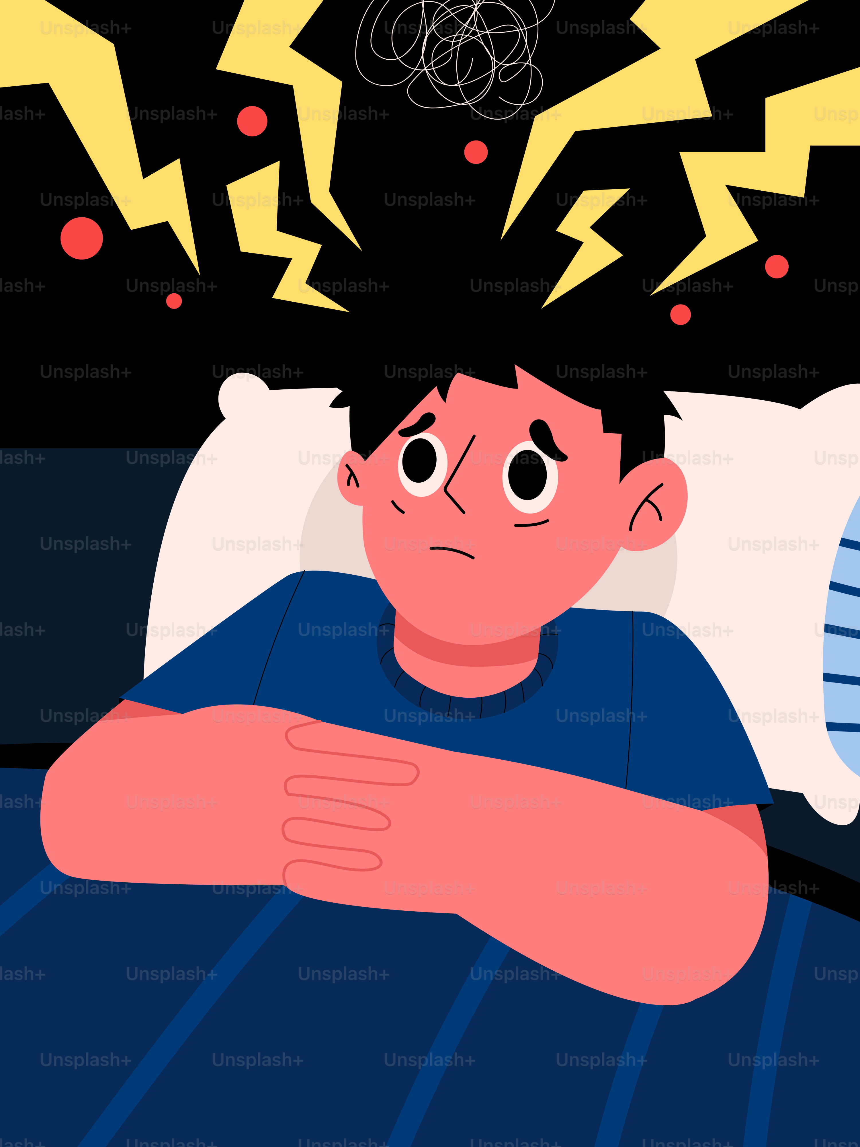 A man laying in bed with his head in his hands