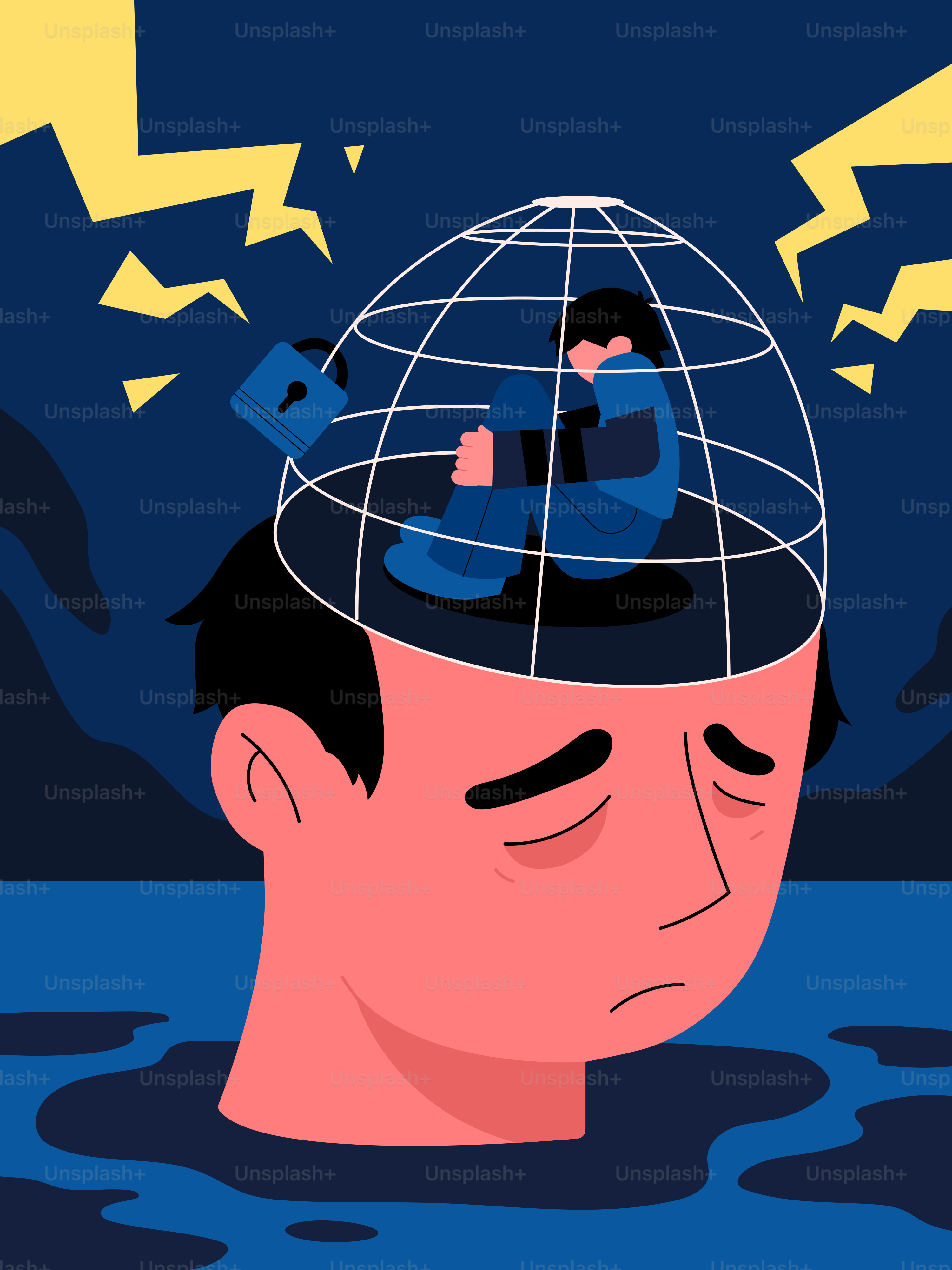 A man with a cage on his head floating in water