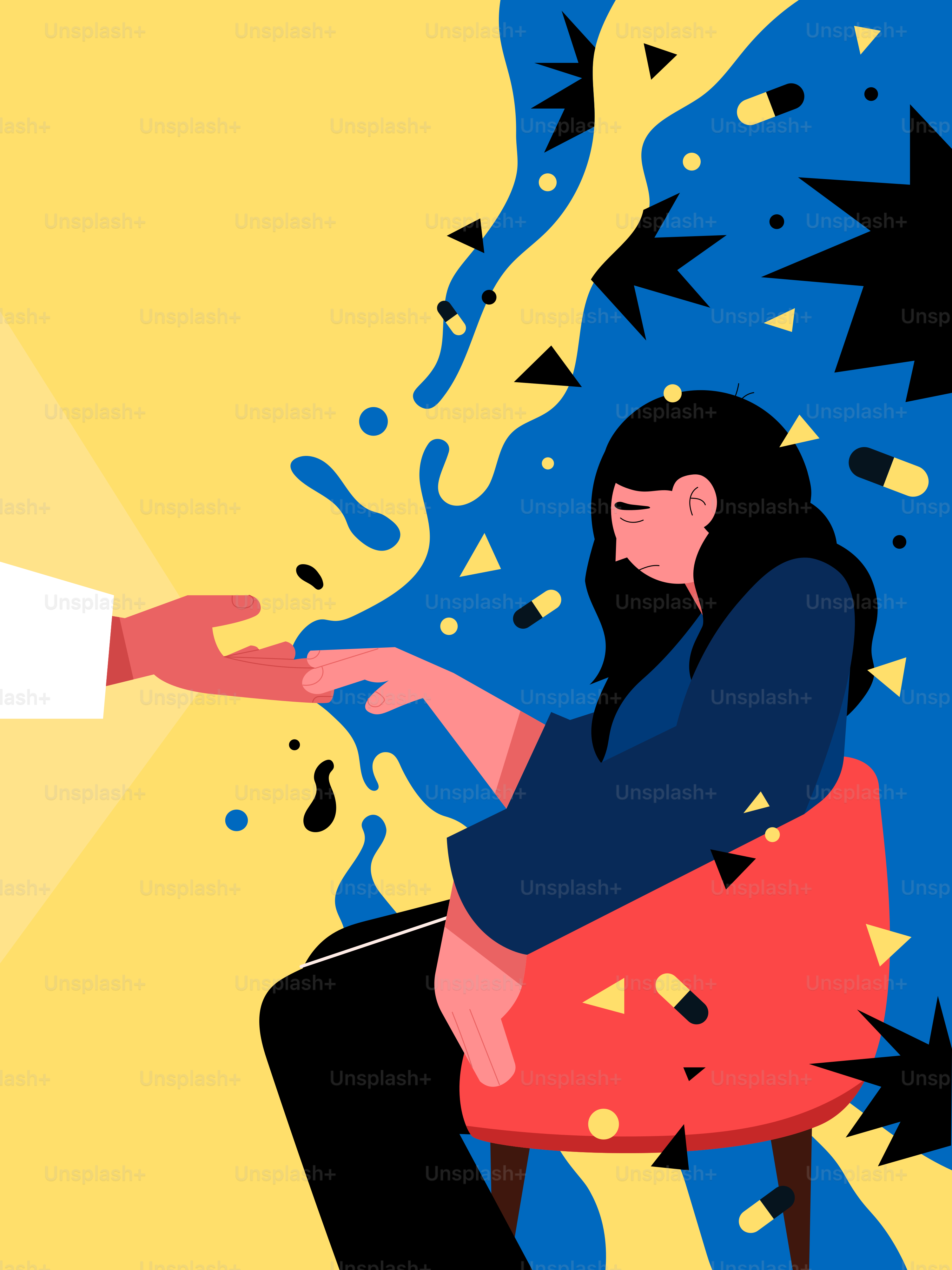 A woman sitting in a chair with a light shining on her