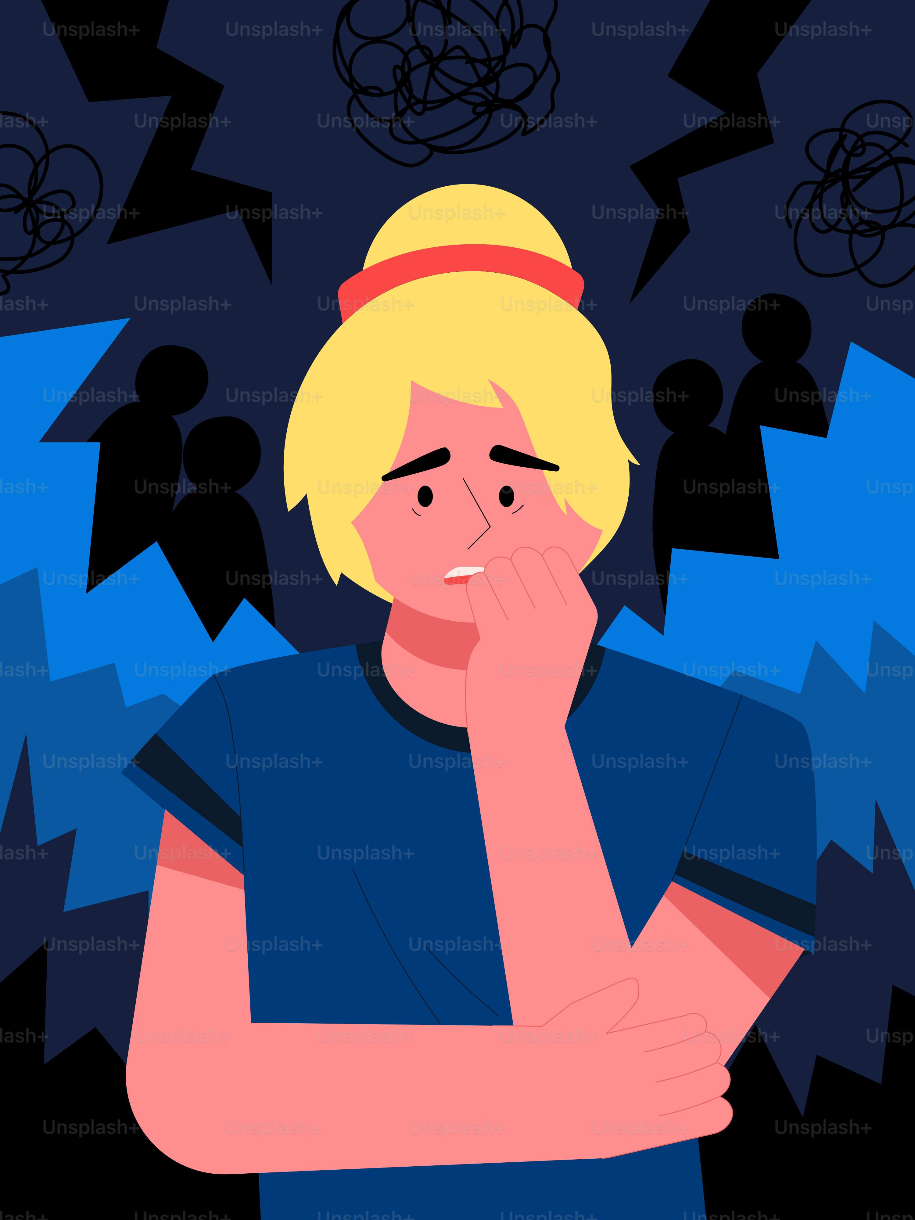 A man with blonde hair and a blue shirt is holding his hand to his face