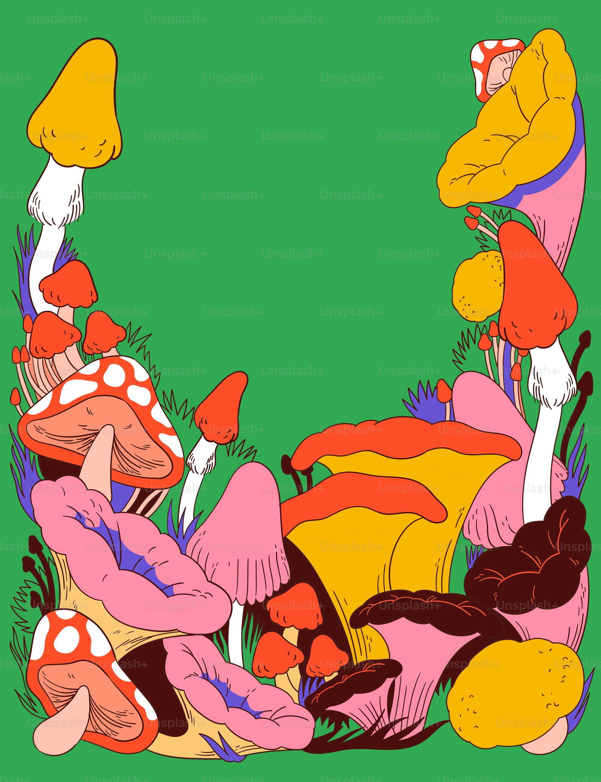 Eine Gruppe von Pilzen auf grünem Hintergrund