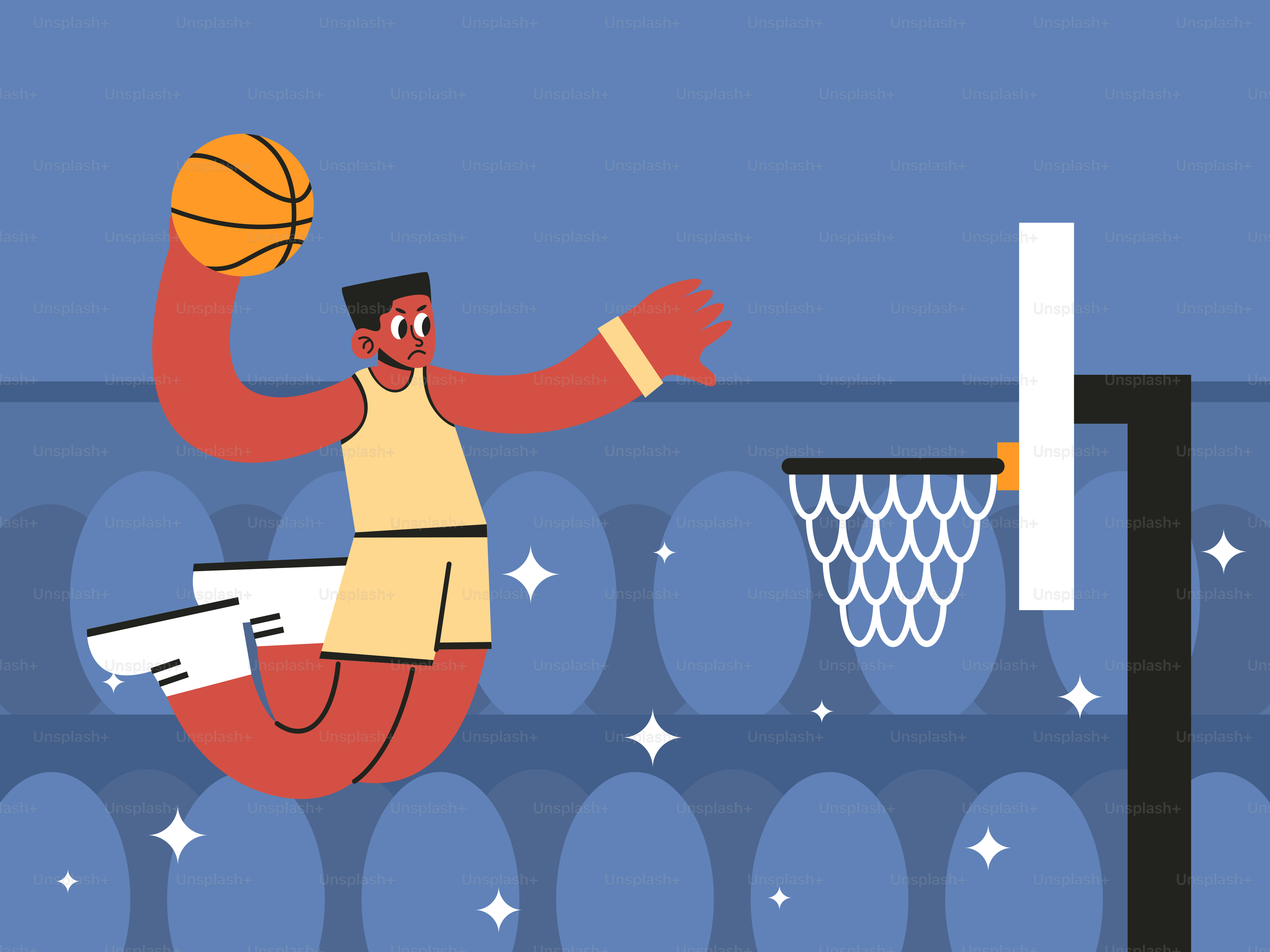 Un giocatore di basket che salta in aria per schiacciare una palla da basket