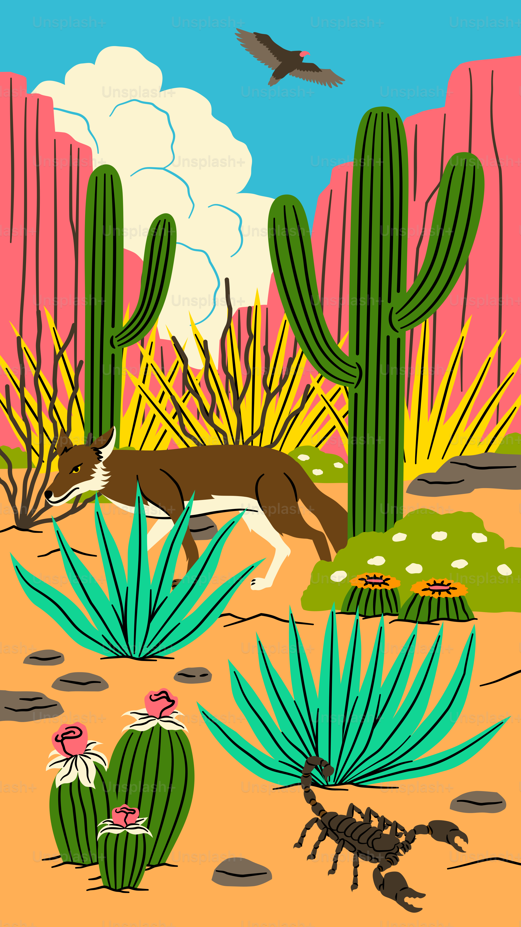 犬とサボテンが描かれた砂漠の風景画