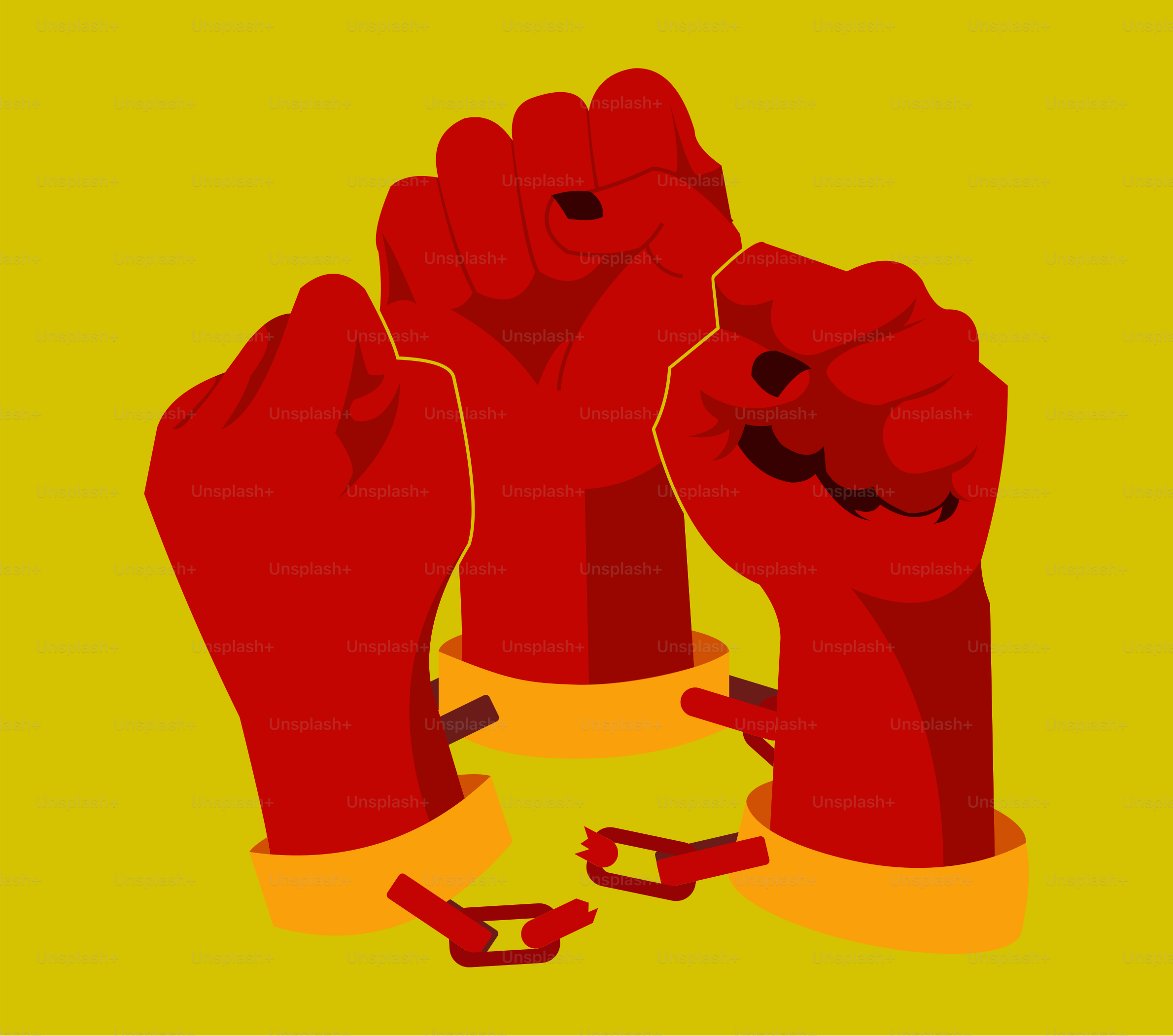 A yellow background with red fists and a yellow ribbon